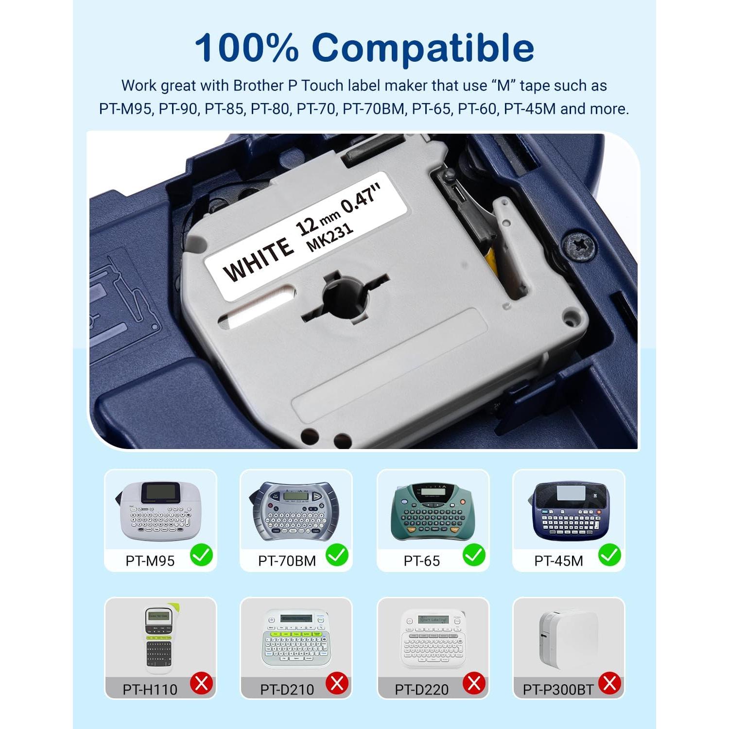 Cinta de Etiqueta Greateam M-K231 12mm Negro sobre Blanco