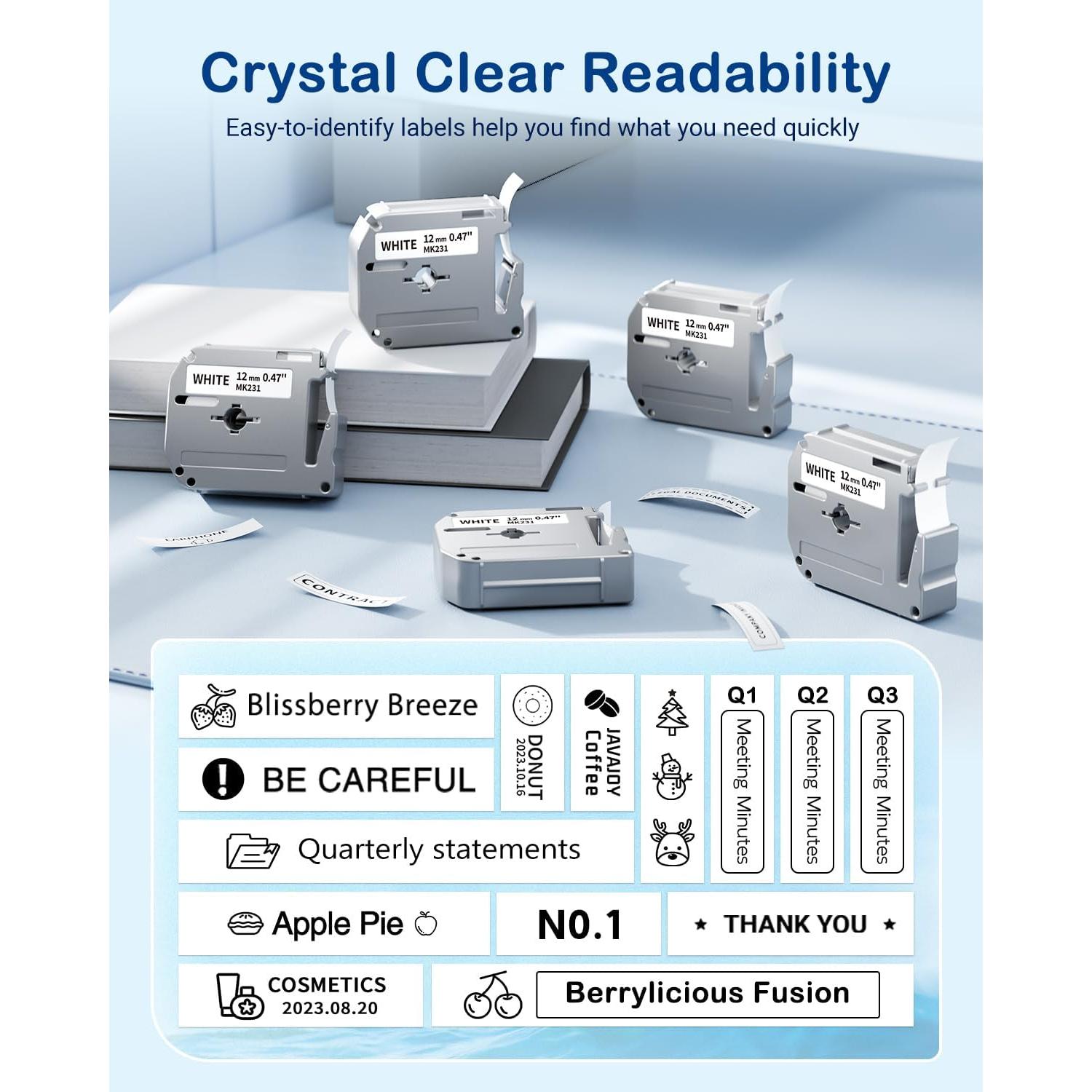 Cinta de Etiqueta Greateam M-K231 12mm Negro sobre Blanco