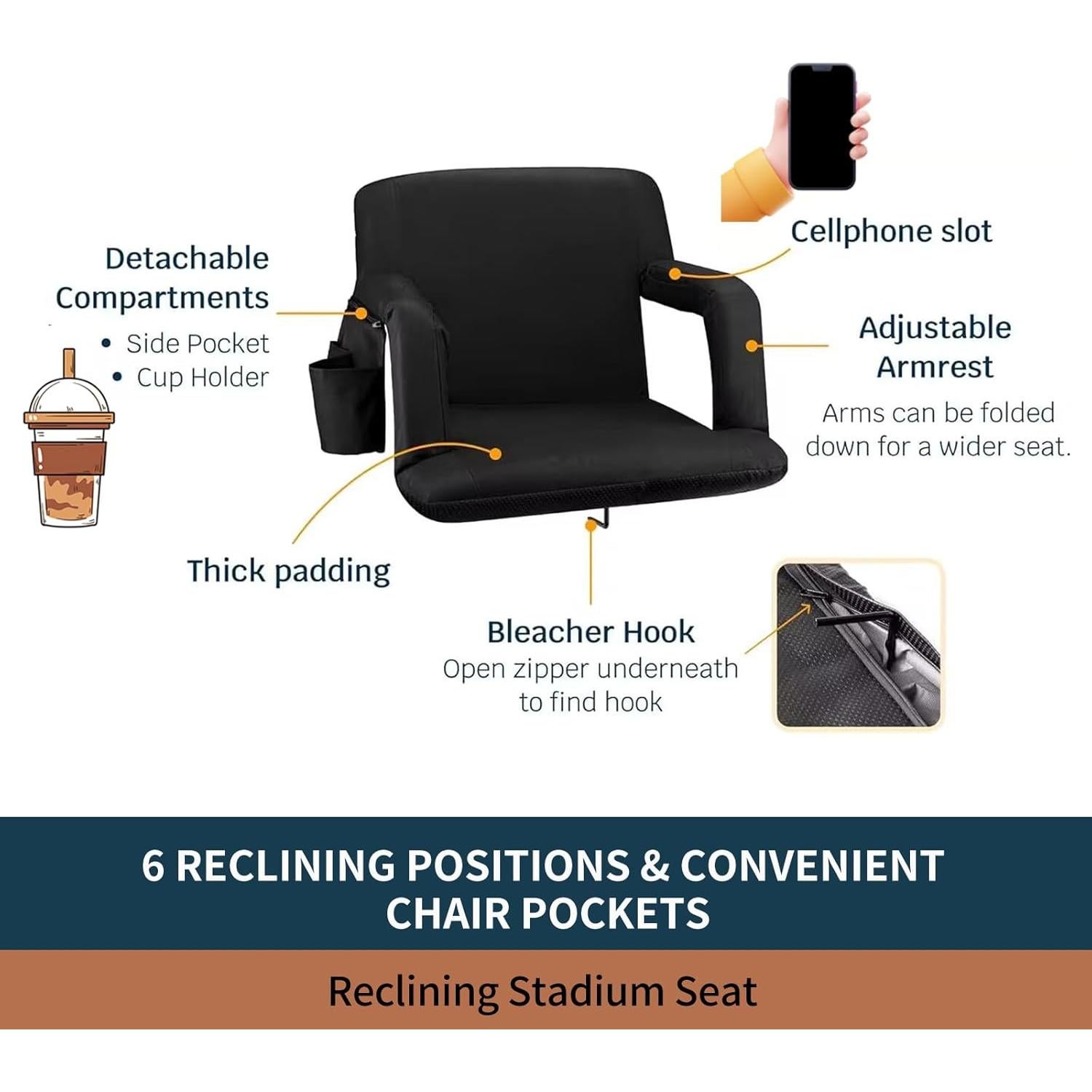 Asiento de Estadio Seamander 2-Pack Negro Acolchado Plegable