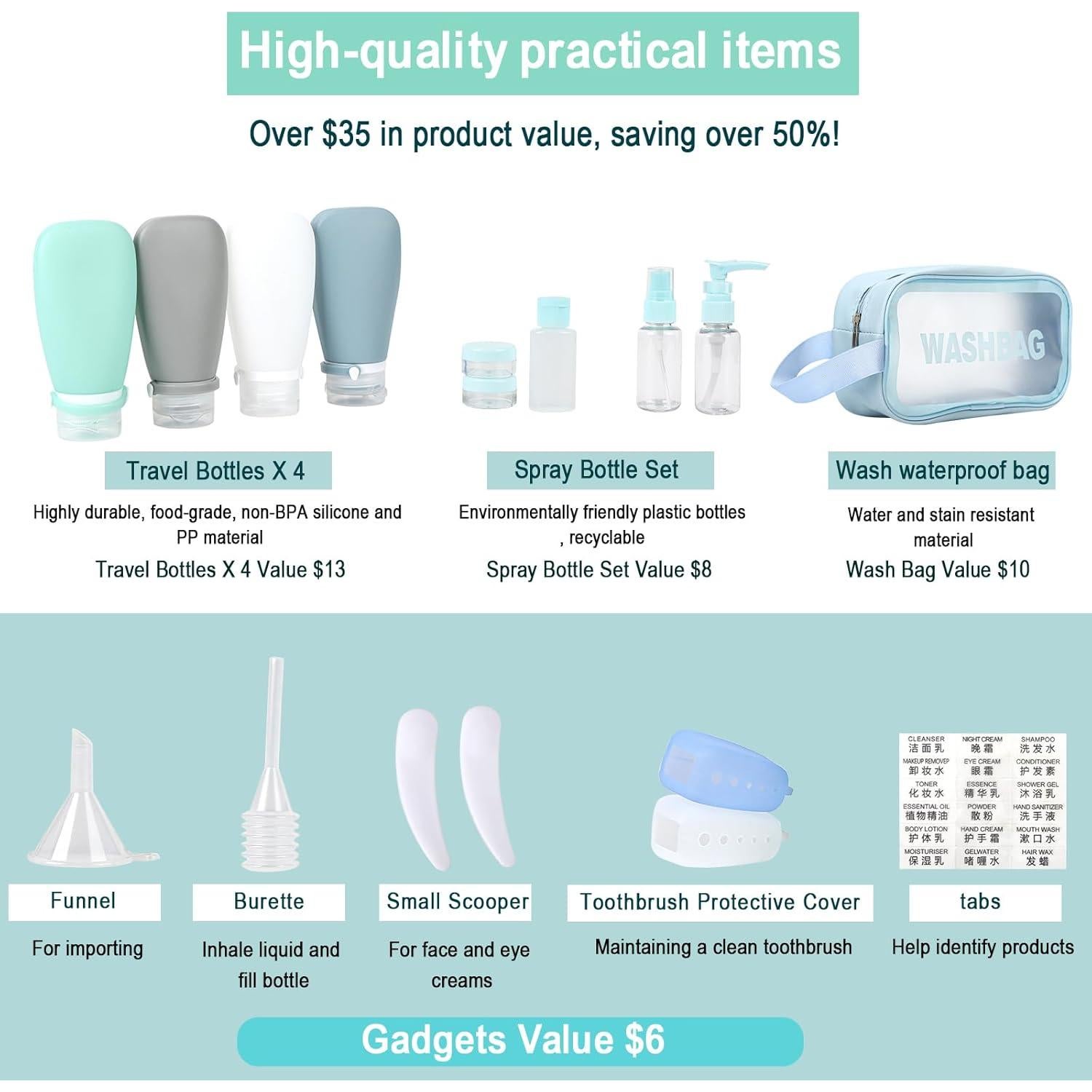 Juego de Botellas de Viaje 18 Piezas DingCo Aprobado TSA