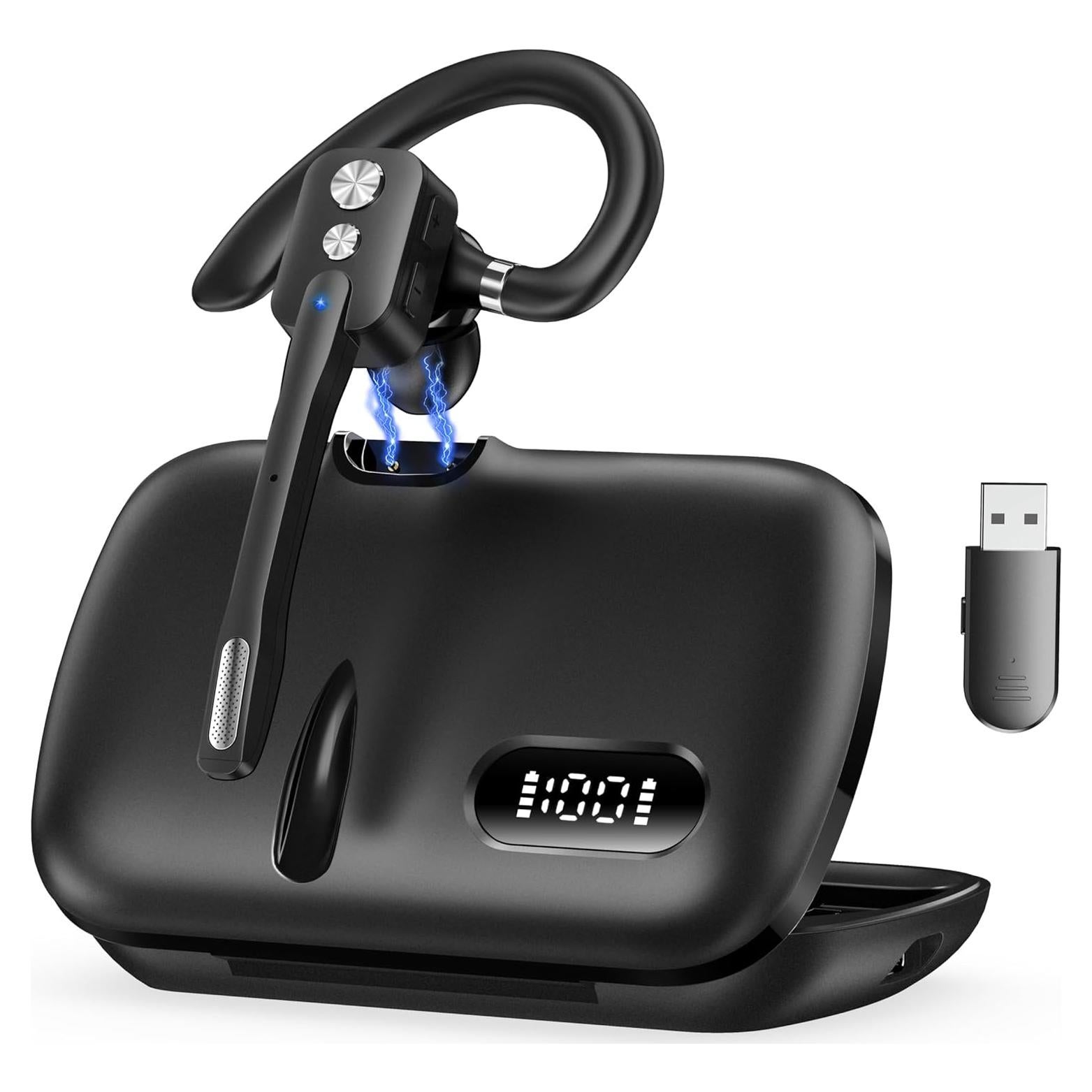 Bluetooth Headset, Wireless Bluetooth Earpiece with Dual-Mic & Noise Canceling, Single Ear Headset with Mute for Business, Remote Work, V5.3 Hand-Free headset for iOS Android Cell Phone (Black)