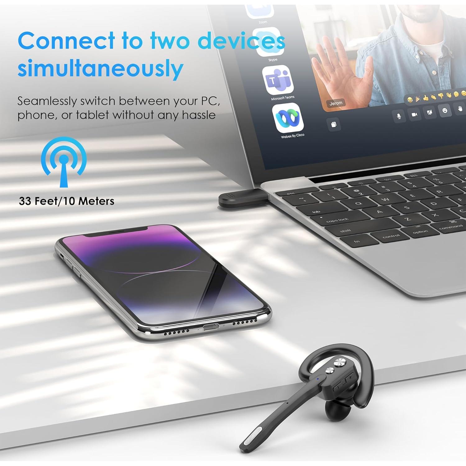 Bluetooth Headset, Wireless Bluetooth Earpiece with Dual-Mic & Noise Canceling, Single Ear Headset with Mute for Business, Remote Work, V5.3 Hand-Free headset for iOS Android Cell Phone (Black)