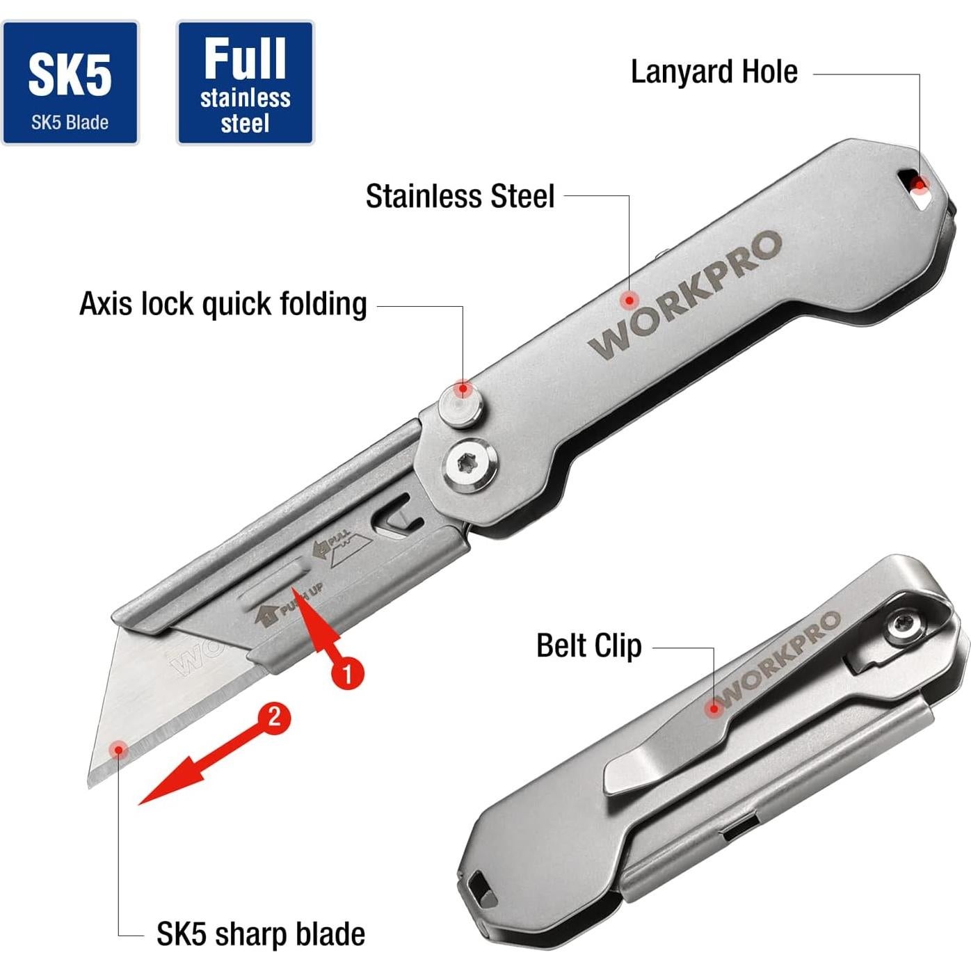 Cuchillo Utility Plegable WORKPRO Acero Inoxidable 14.5 cm