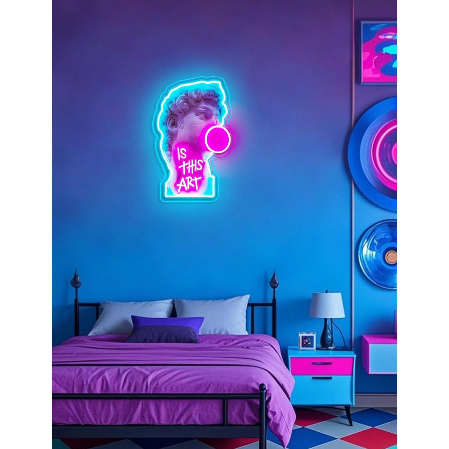 Señal de Neón LED David Soplando Burbujas 35x53 cm USB Rosa