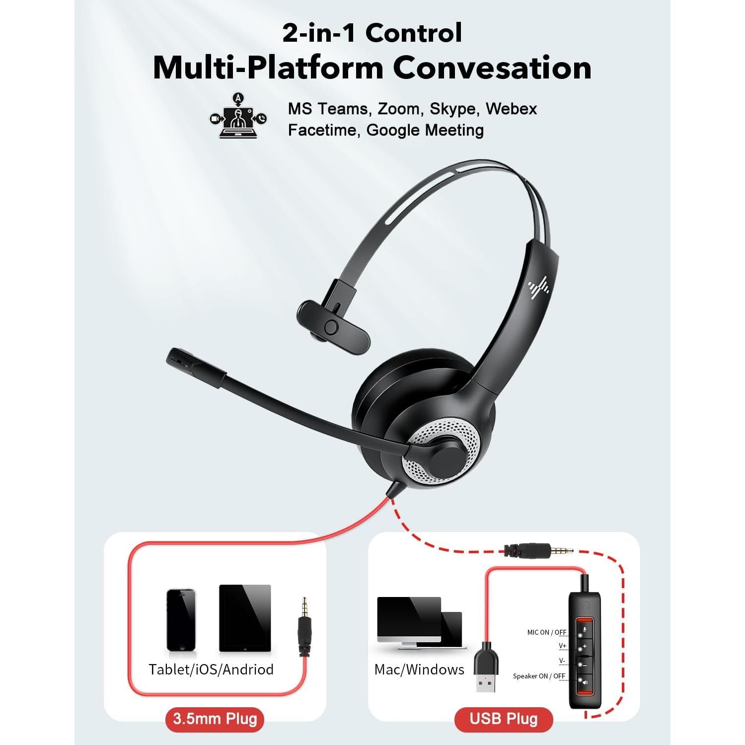 Auriculares USB JIAMQISHI EH01 con micrófono y cancelación de ruido