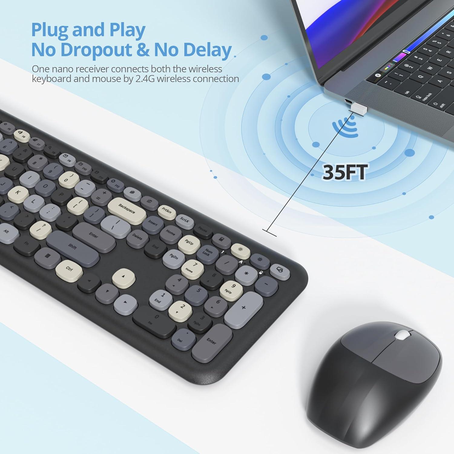 Combo Teclado y Ratón Inalámbrico Fogruaden Retro Colorido