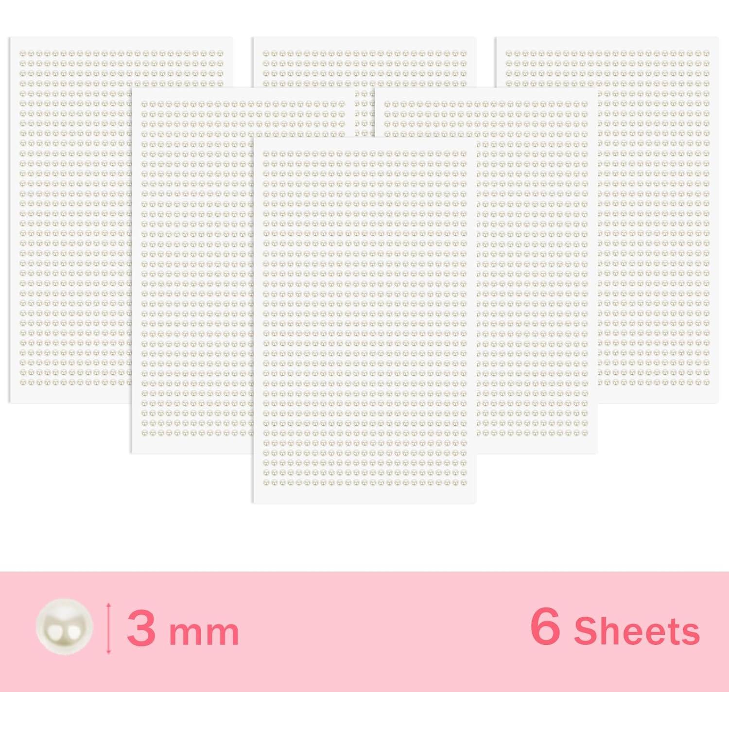 5100PCS Pearl Stickers Pearls for Crafting - Self Adhesive Pearls for Hair Face Makeup Eye Nail Crafts, Stick On Gems (6 Sheets, 3mm Round)