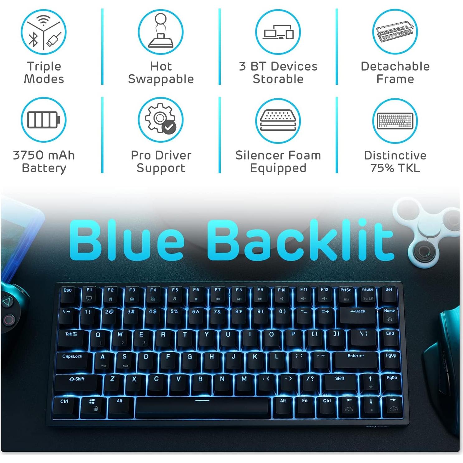 Teclado Mecánico RK ROYAL KLUDGE RK84 Retroiluminado Azul 75%