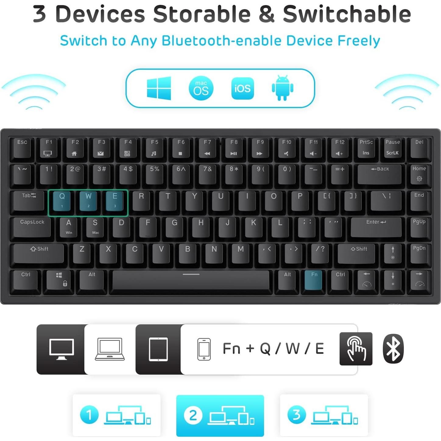 Teclado Mecánico RK ROYAL KLUDGE RK84 Retroiluminado Azul 75%