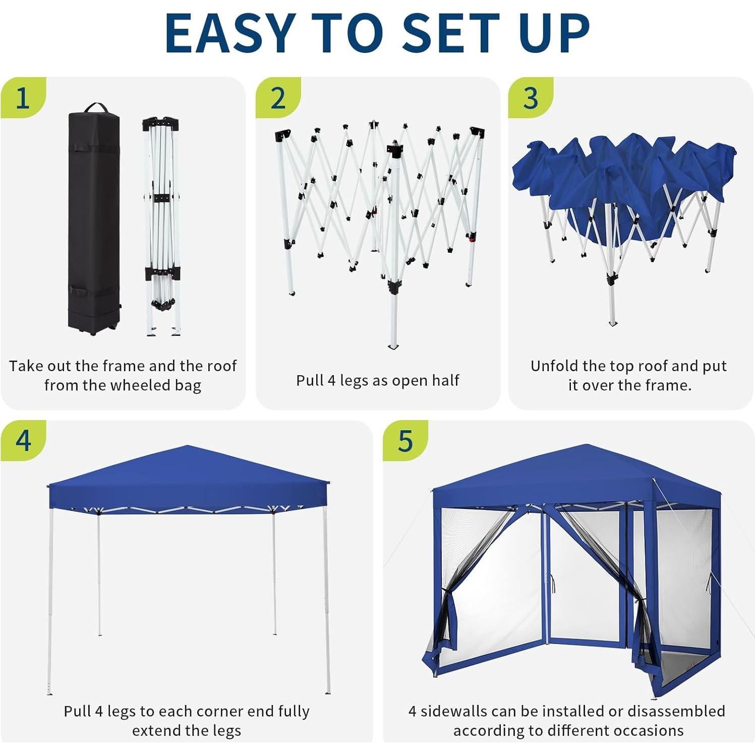 Carpa de Dosel Instantánea GarveeLife 2.44x2.44m Azul con Mosquitera