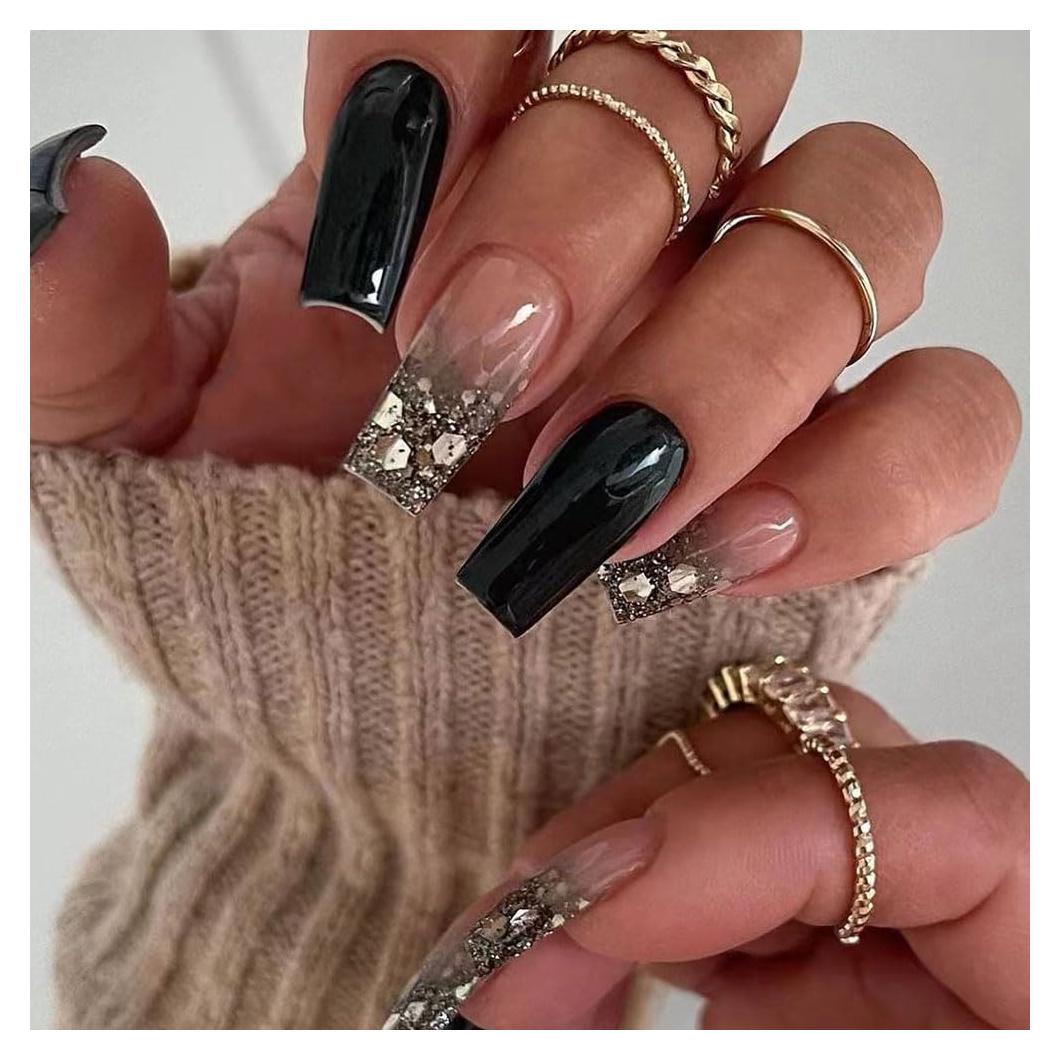 Uñas Falsas Presionadas BAOYAALIN Negras Largas Cuadradas