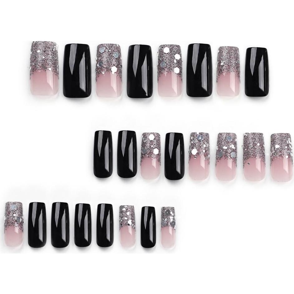Uñas Falsas Presionadas BAOYAALIN Negras Largas Cuadradas