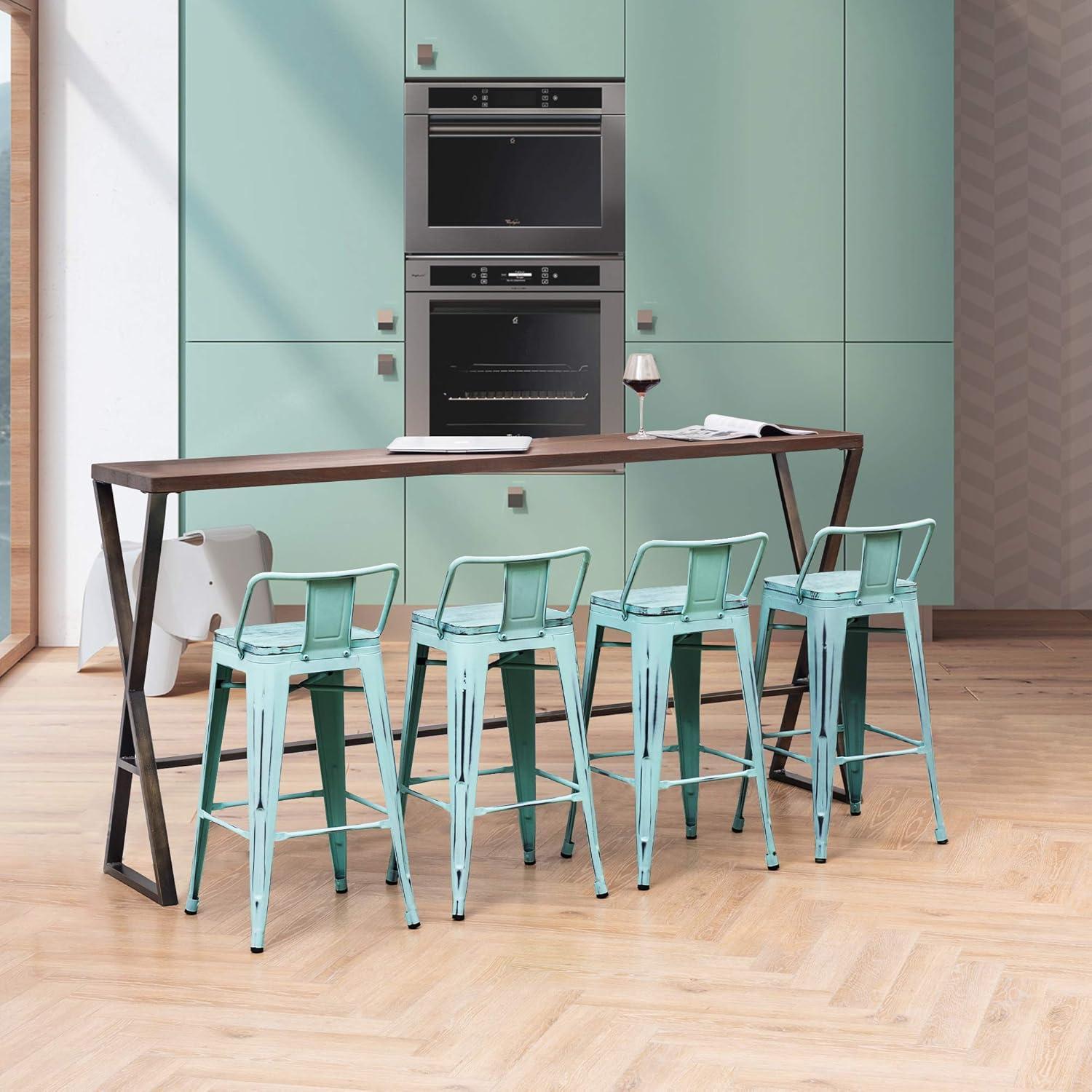 Taburetes de Bar Aklaus de Metal 61 cm Juego de 4 Cian Desgastado