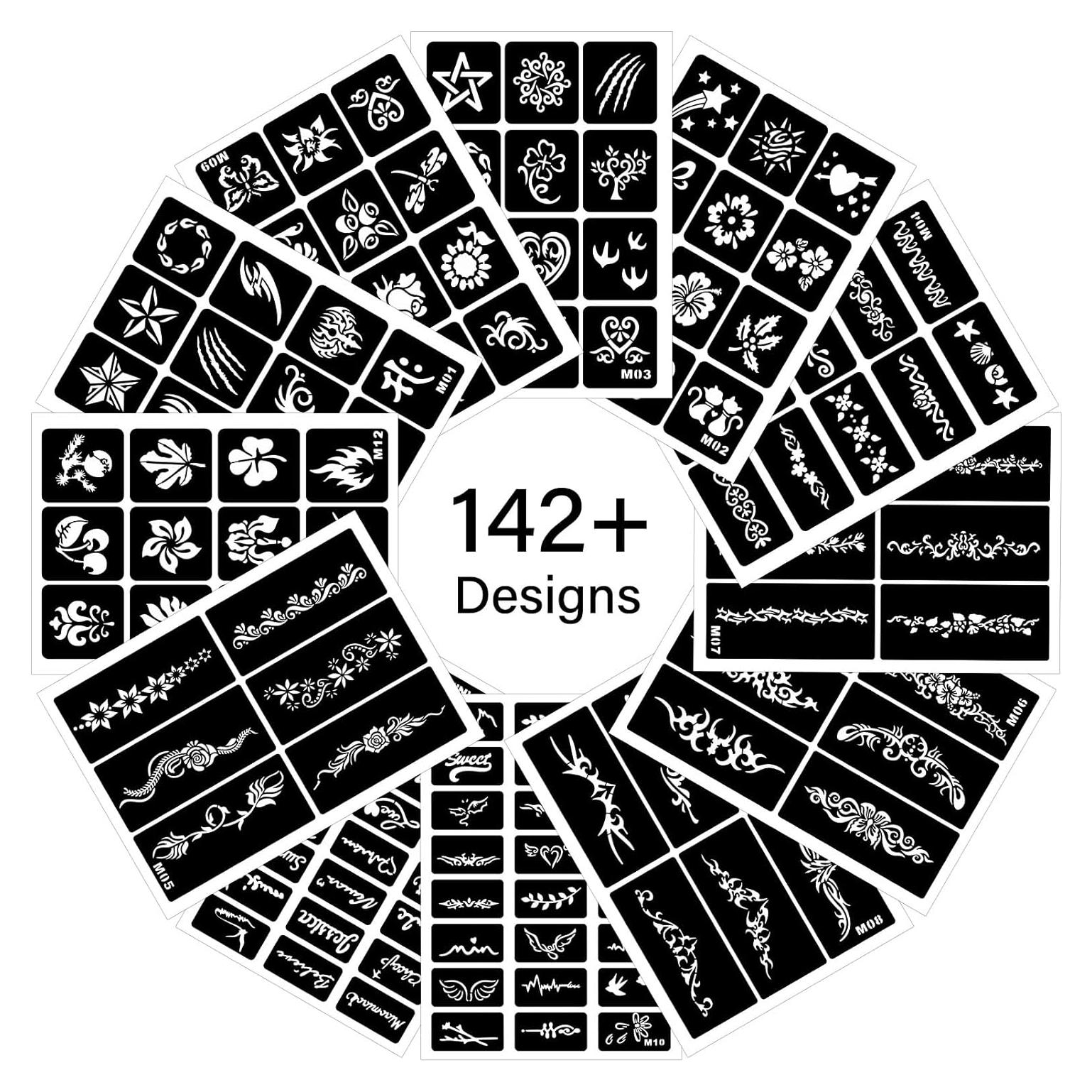 12 Plantillas de Tatuajes Temporales RAZET - Henna Reutilizables