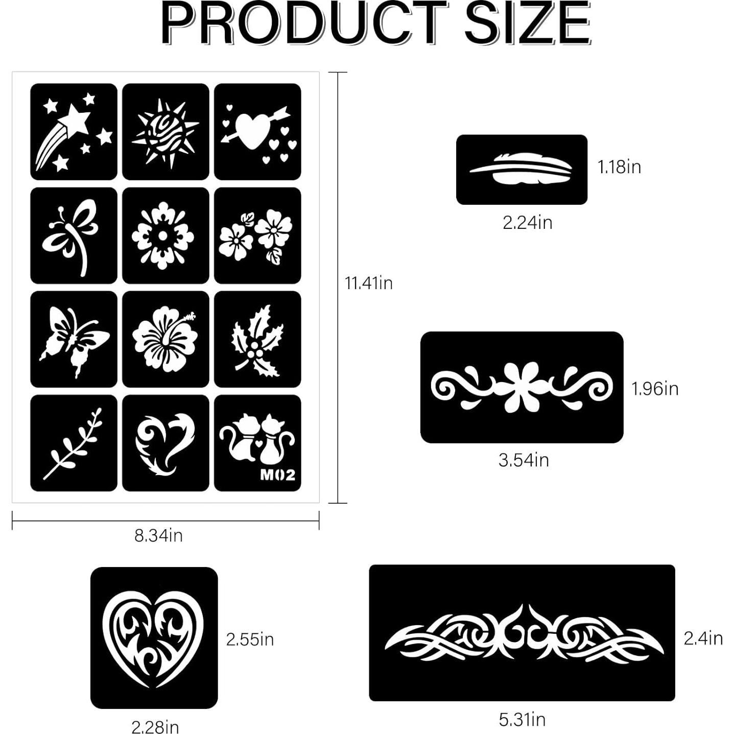 12 Plantillas de Tatuajes Temporales RAZET - Henna Reutilizables