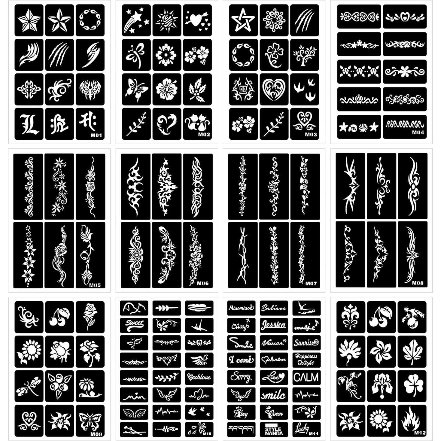 12 Plantillas de Tatuajes Temporales RAZET - Henna Reutilizables