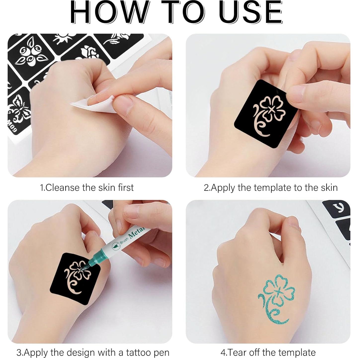 12 Plantillas de Tatuajes Temporales RAZET - Henna Reutilizables