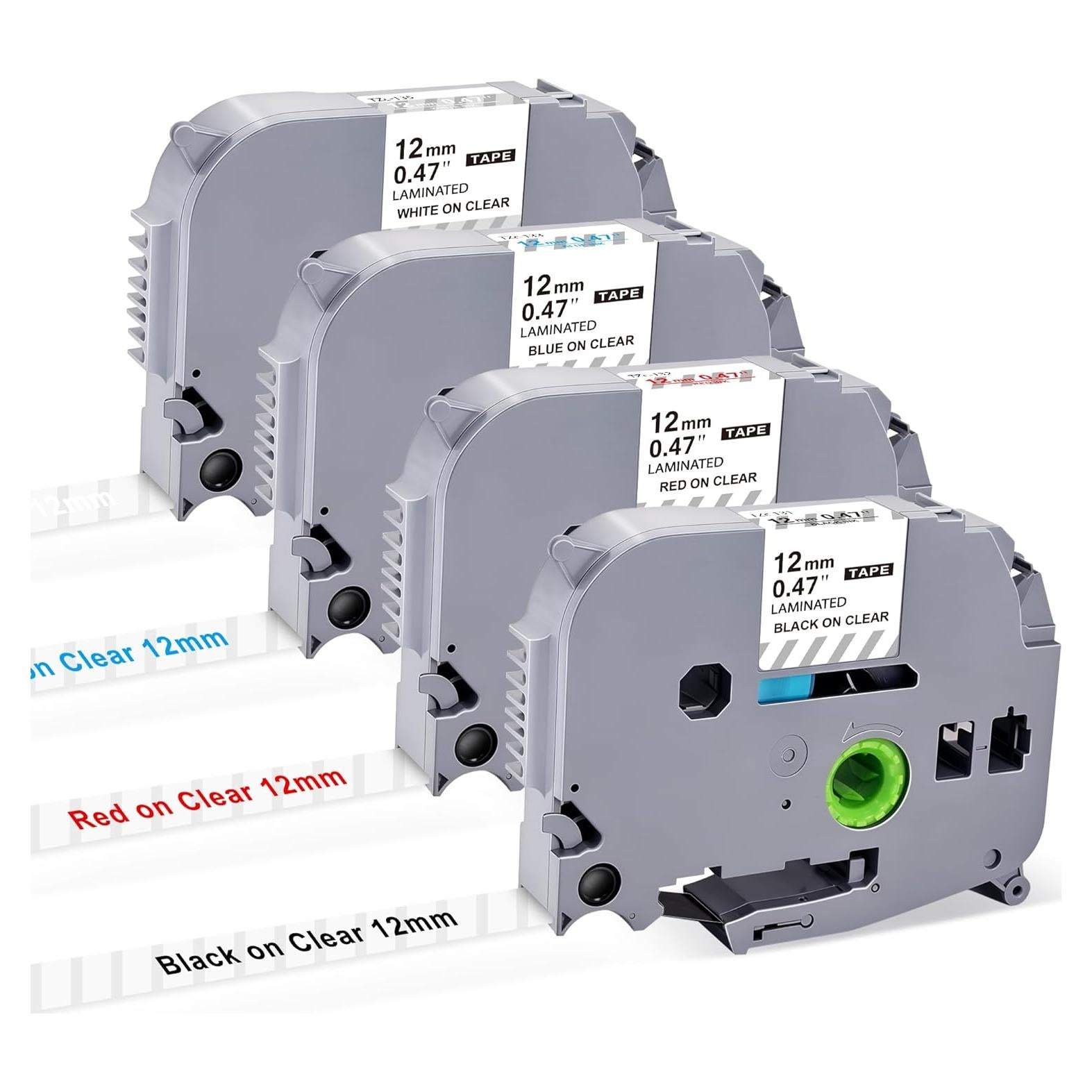 Paquete de 4 Cintas Transparentes Brother TZe 12mm Negro/Rojo/Azul/Blanco