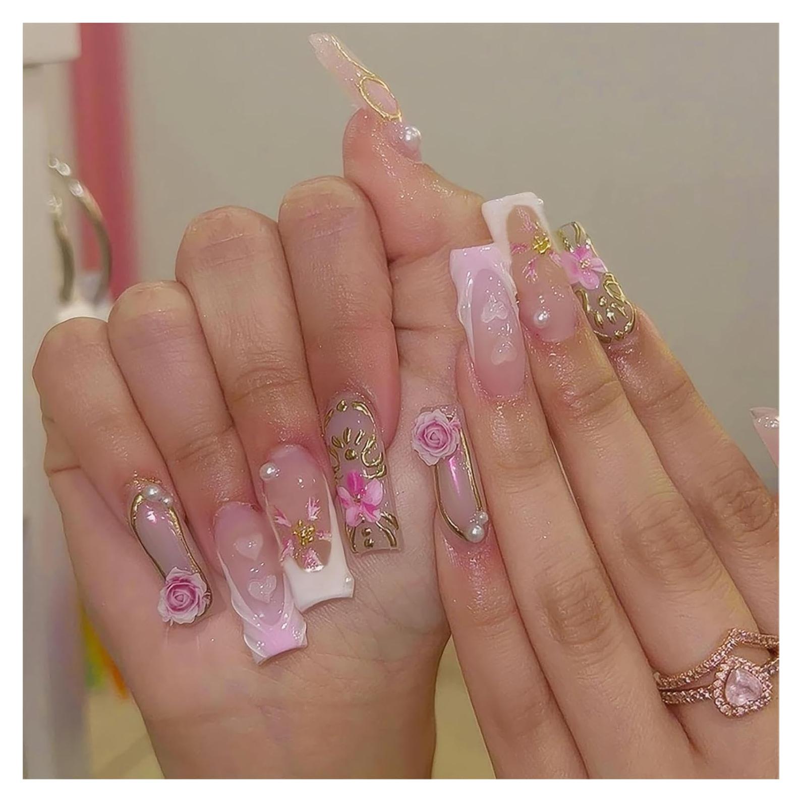 Uñas Postizas Largas RTKHFZE Acrílicas Francesas 24 Pcs