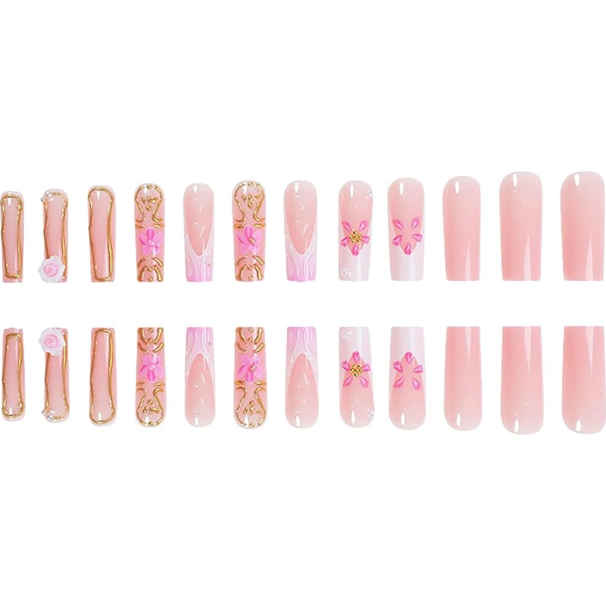 Uñas Postizas Largas RTKHFZE Acrílicas Francesas 24 Pcs