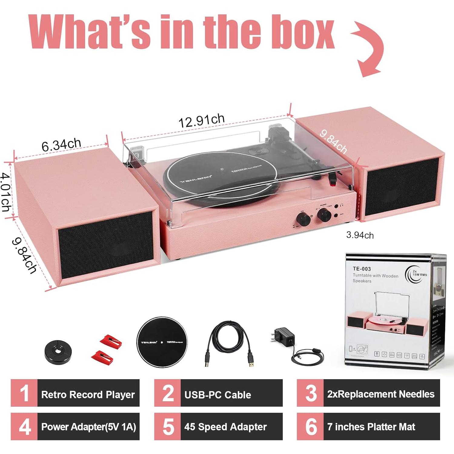 Reproductor de Vinilo TANLANIN TE-003PK Rosa con Bluetooth