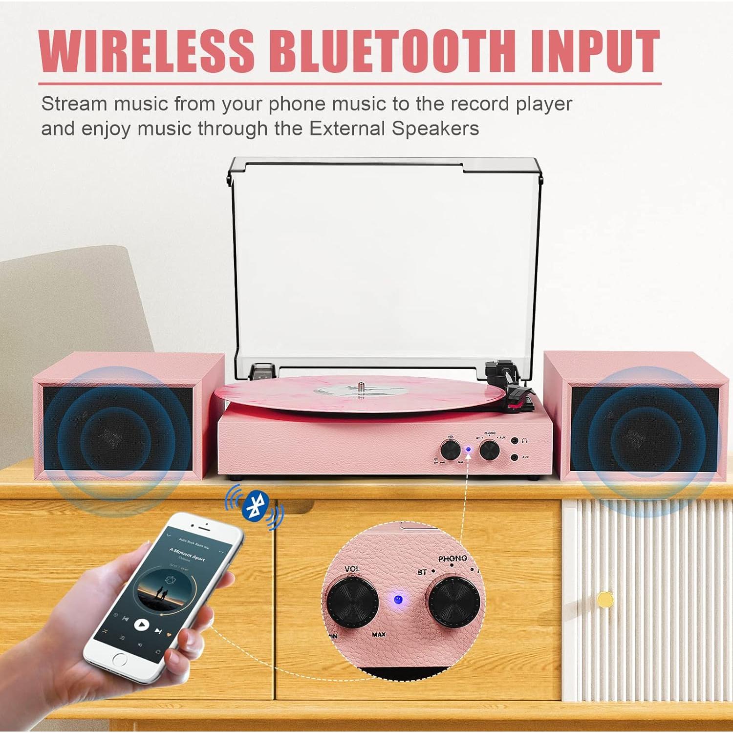 Reproductor de Vinilo TANLANIN TE-003PK Rosa con Bluetooth
