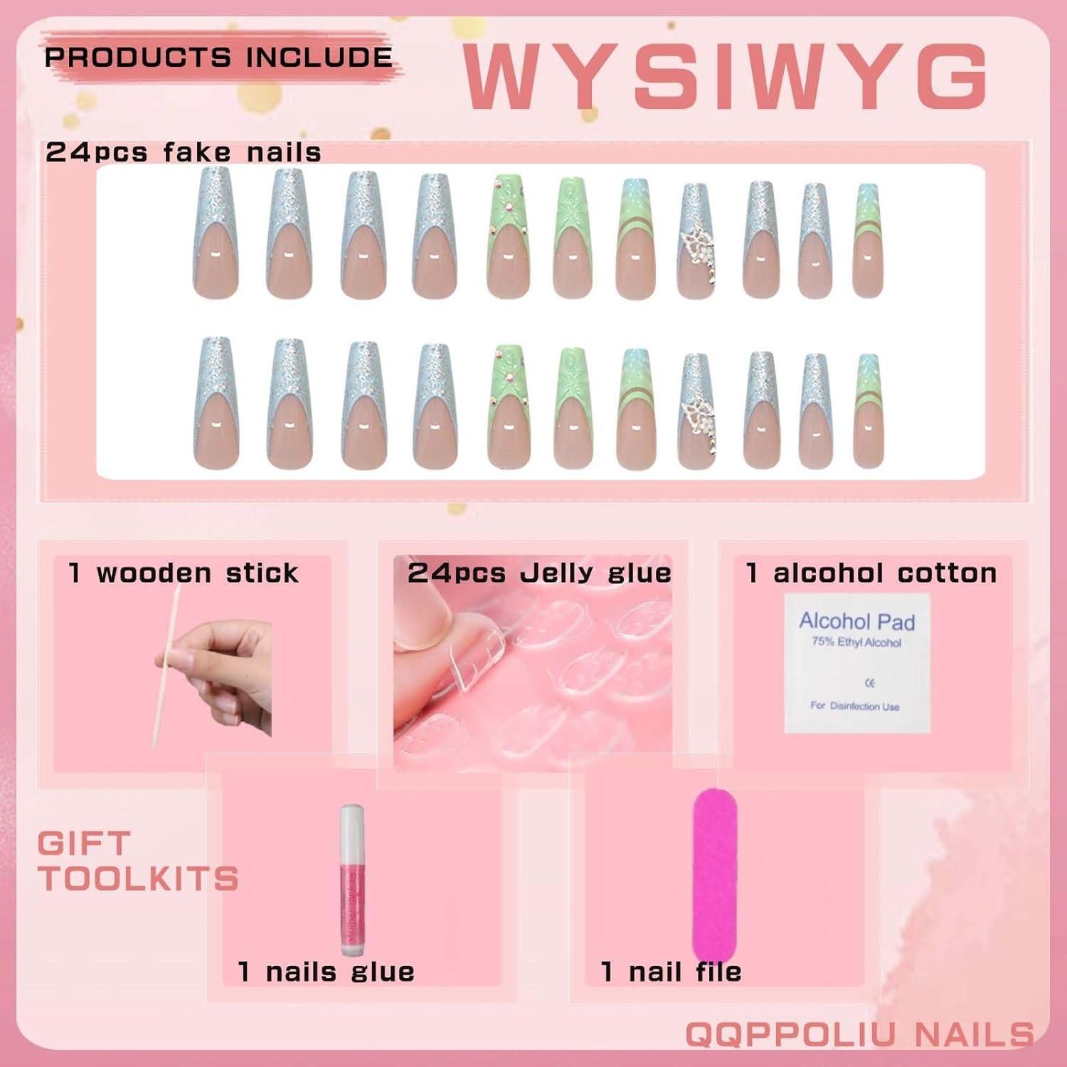 Uñas Postizas Largas QQPPOLIU Diseño Geométrico 1102 24 Piezas