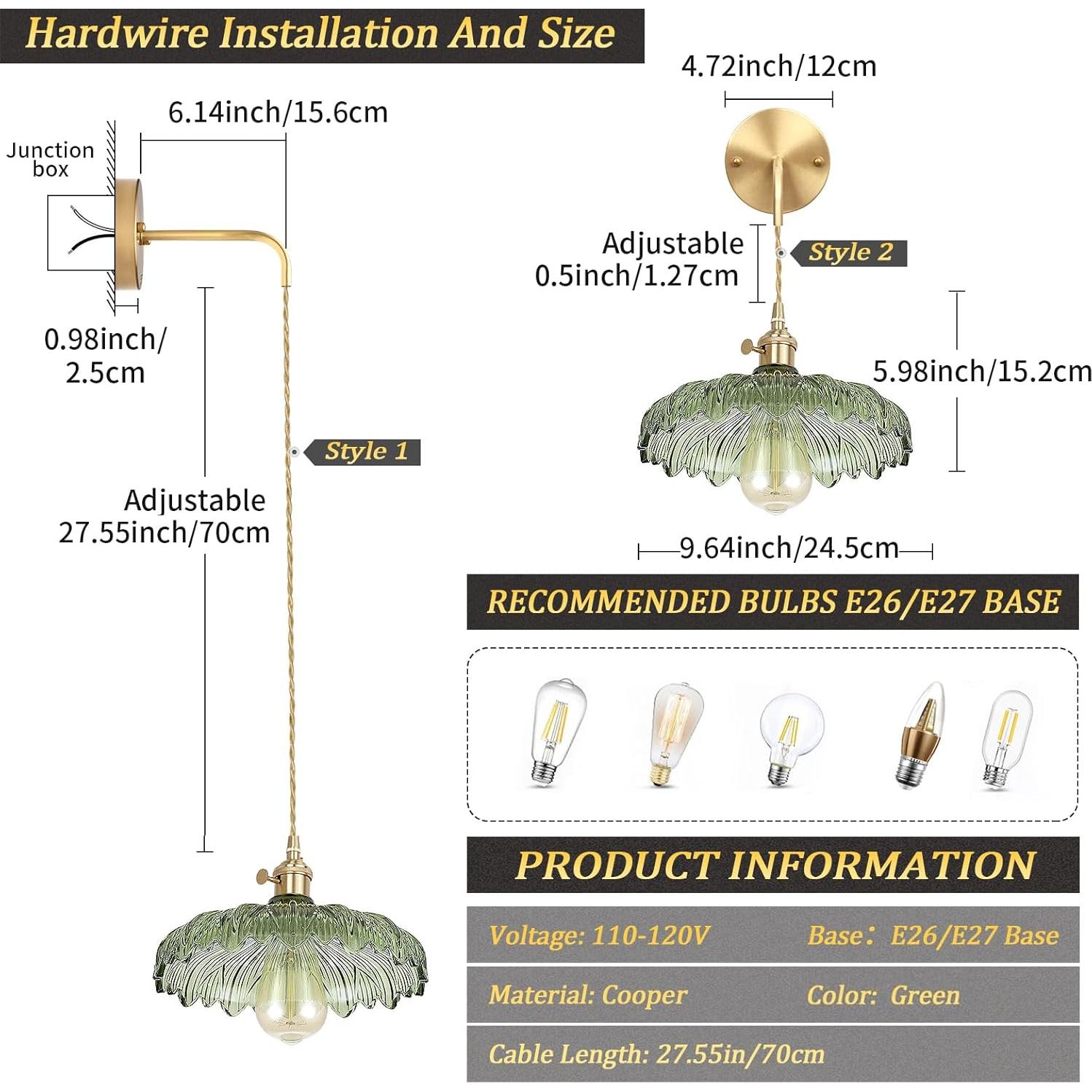 Aplique de Pared Vintage Shenmoyl Verde con Pantalla de Vidrio