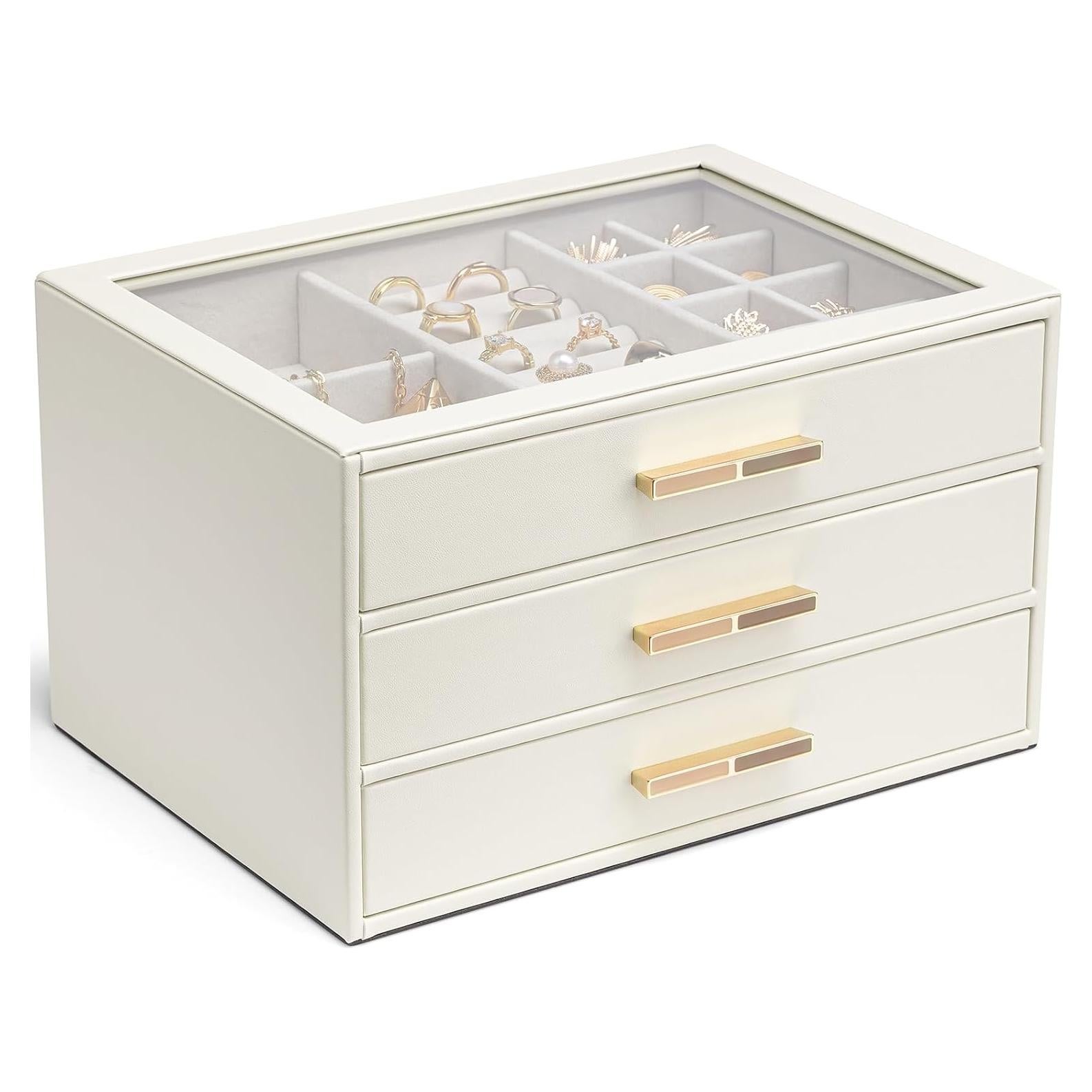 Caja de Joyería Vlando 3 Capas con Tapa de Vidrio - Blanco Nube