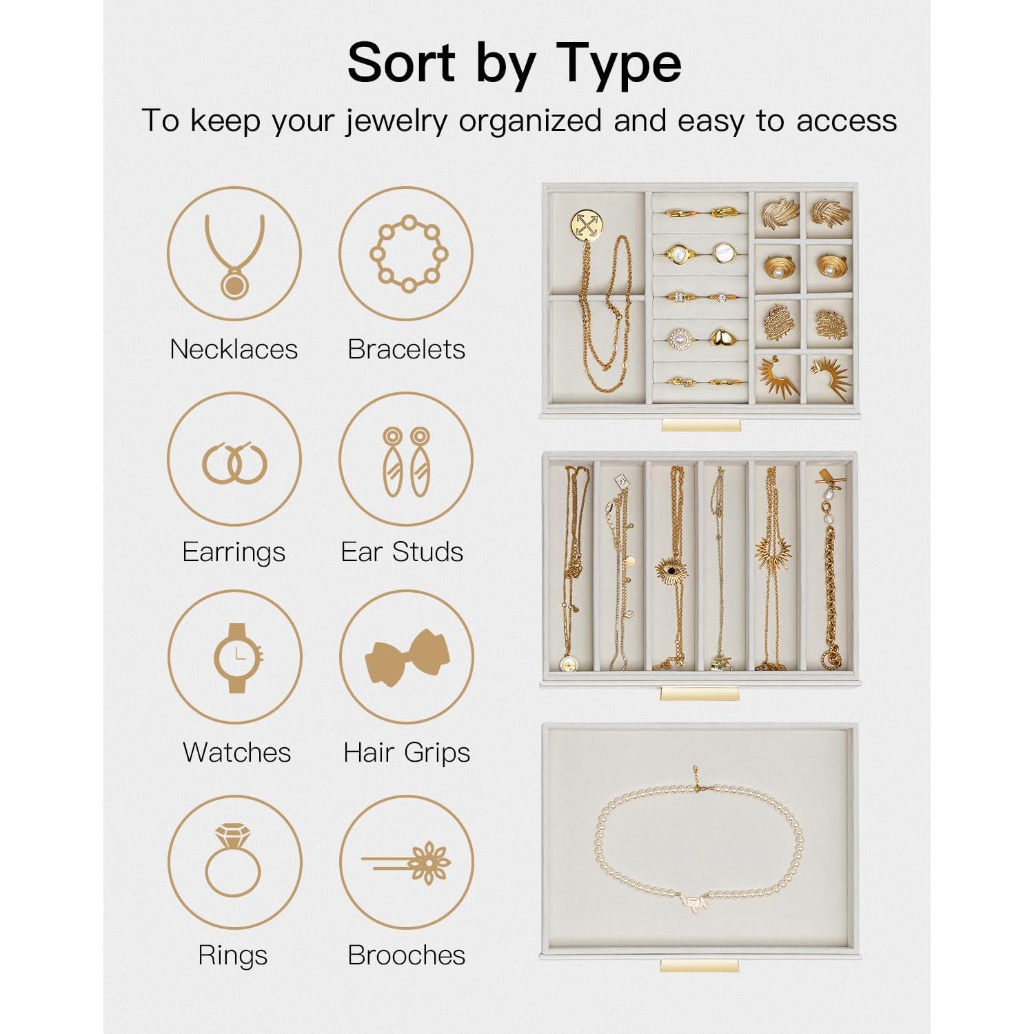 Caja de Joyería Vlando 3 Capas con Tapa de Vidrio - Blanco Nube