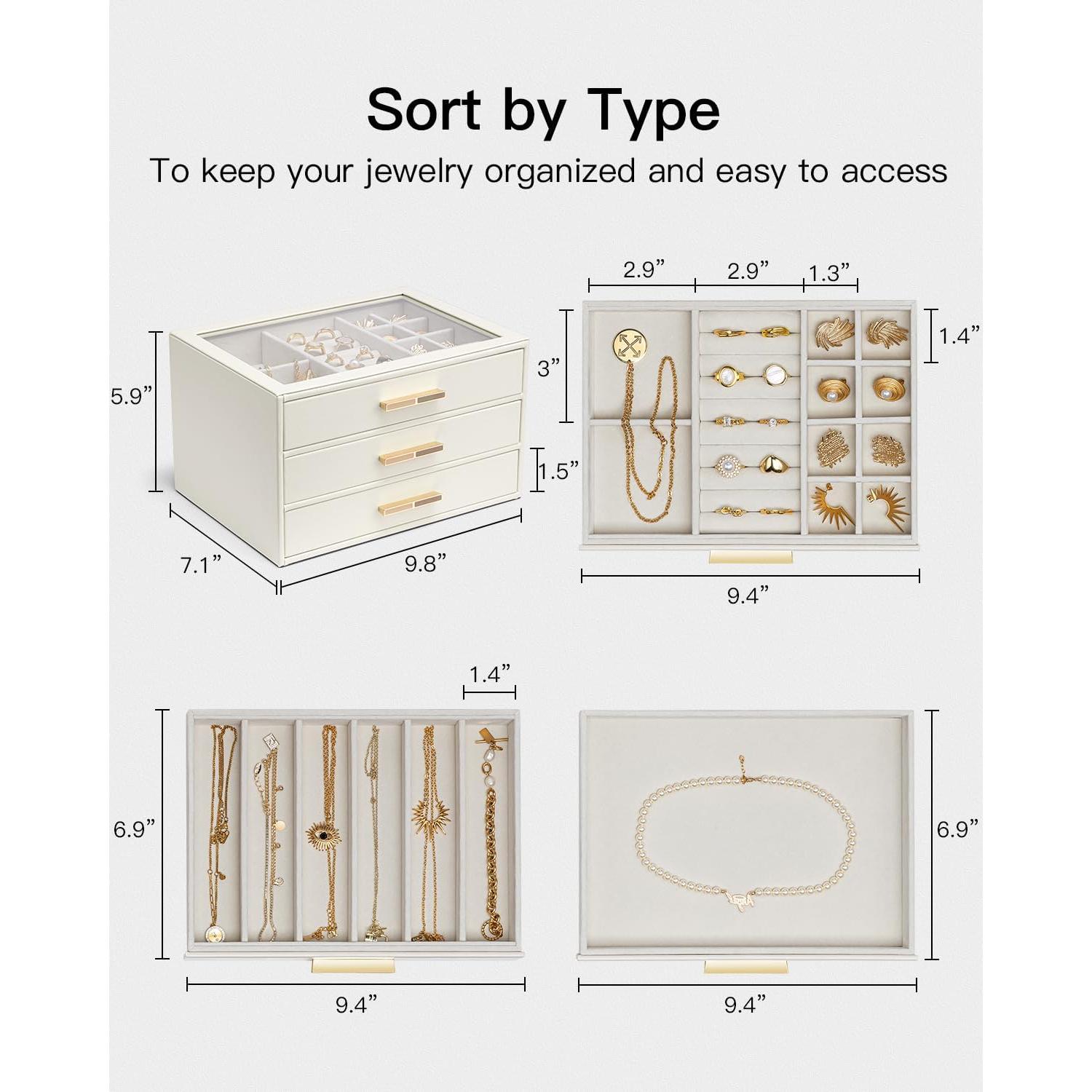 Caja de Joyería Vlando 3 Capas con Tapa de Vidrio - Blanco Nube