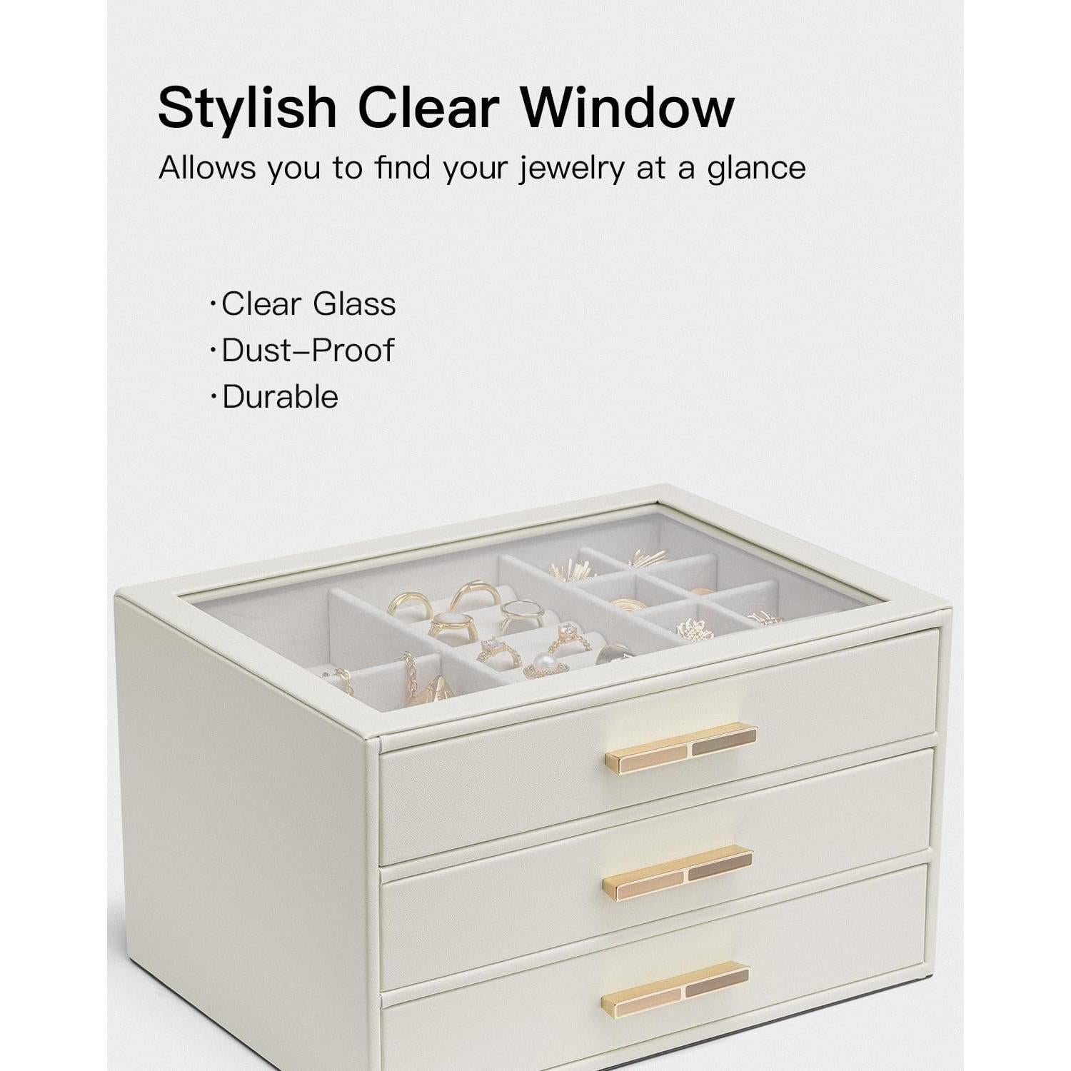 Caja de Joyería Vlando 3 Capas con Tapa de Vidrio - Blanco Nube