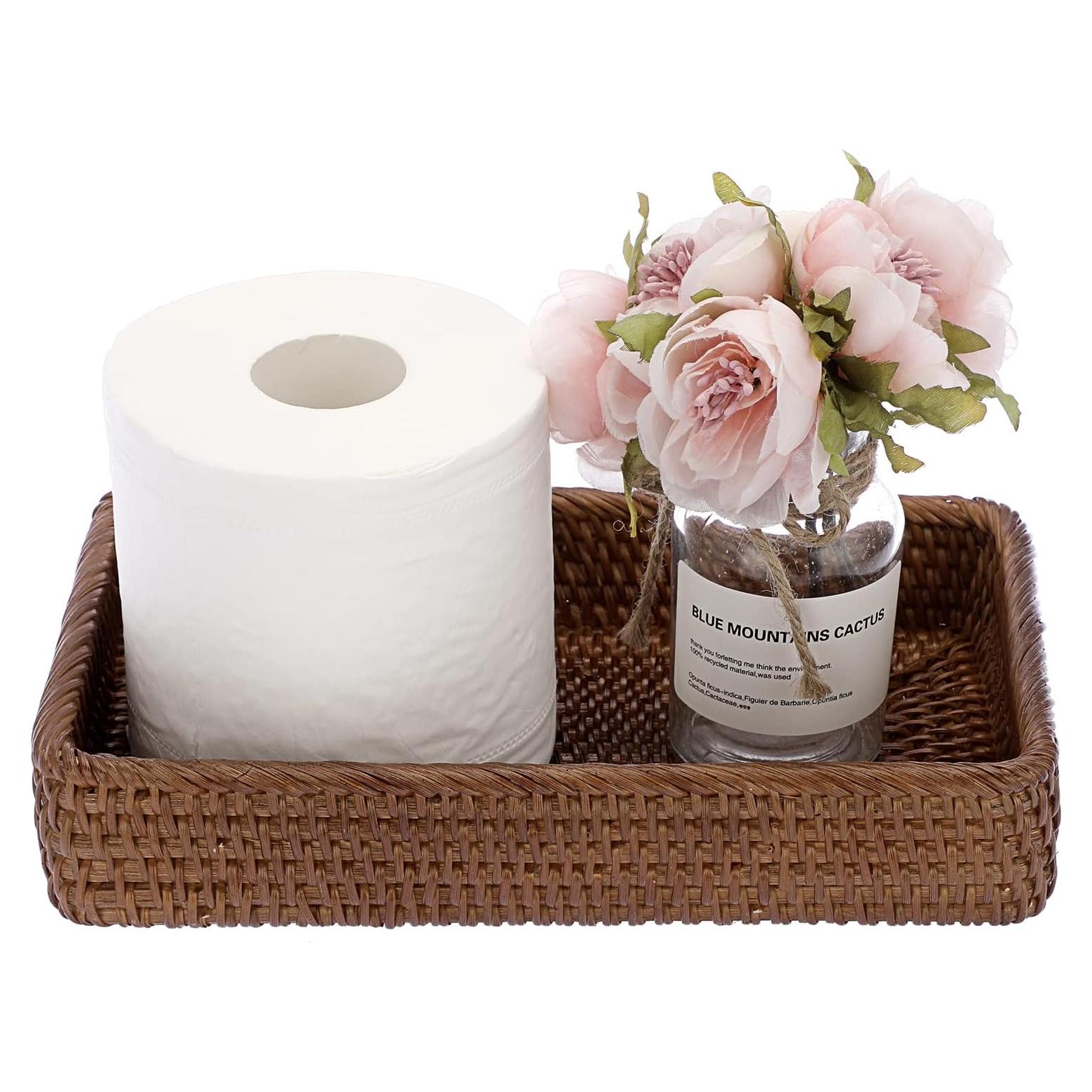 Sumnacon 10 Inch Rattan Bathroom Vanity Tray - Decorative Wicker Toilet Tank Tray for Paper Hand Towel, Vintage Storage Basket Bin for Bathroom Kitchen Toilet Tank Vanity Countertop Table Shelf, Brown