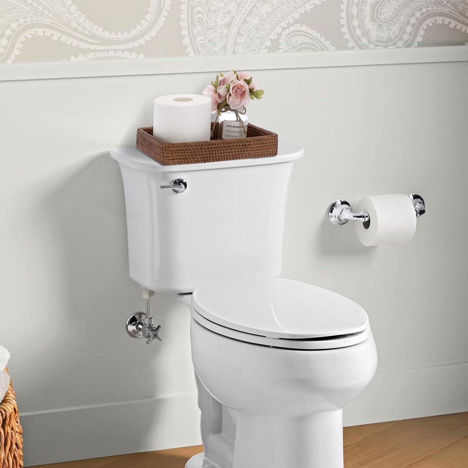 Sumnacon 10 Inch Rattan Bathroom Vanity Tray - Decorative Wicker Toilet Tank Tray for Paper Hand Towel, Vintage Storage Basket Bin for Bathroom Kitchen Toilet Tank Vanity Countertop Table Shelf, Brown