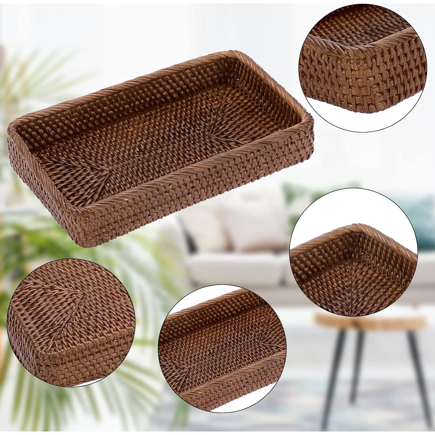 Sumnacon 10 Inch Rattan Bathroom Vanity Tray - Decorative Wicker Toilet Tank Tray for Paper Hand Towel, Vintage Storage Basket Bin for Bathroom Kitchen Toilet Tank Vanity Countertop Table Shelf, Brown