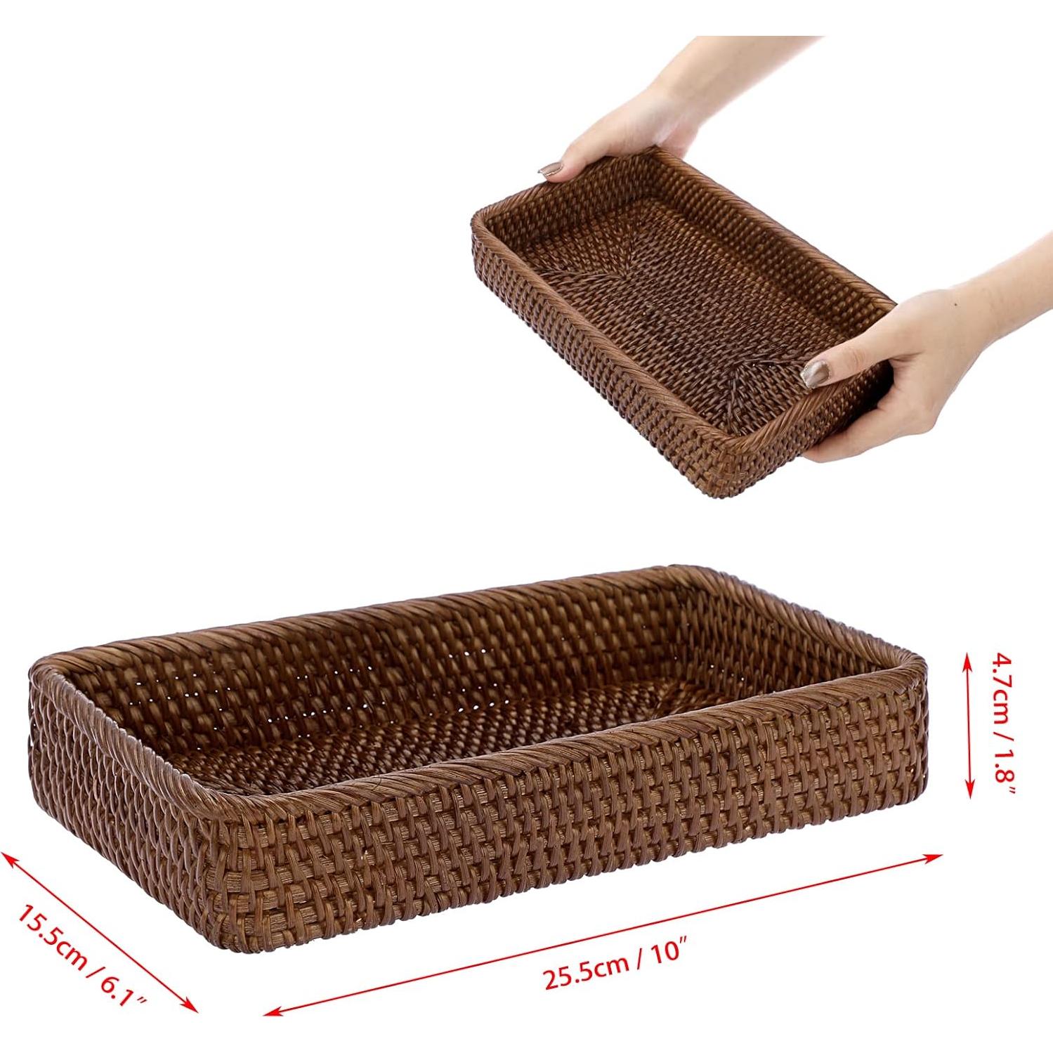Sumnacon 10 Inch Rattan Bathroom Vanity Tray - Decorative Wicker Toilet Tank Tray for Paper Hand Towel, Vintage Storage Basket Bin for Bathroom Kitchen Toilet Tank Vanity Countertop Table Shelf, Brown