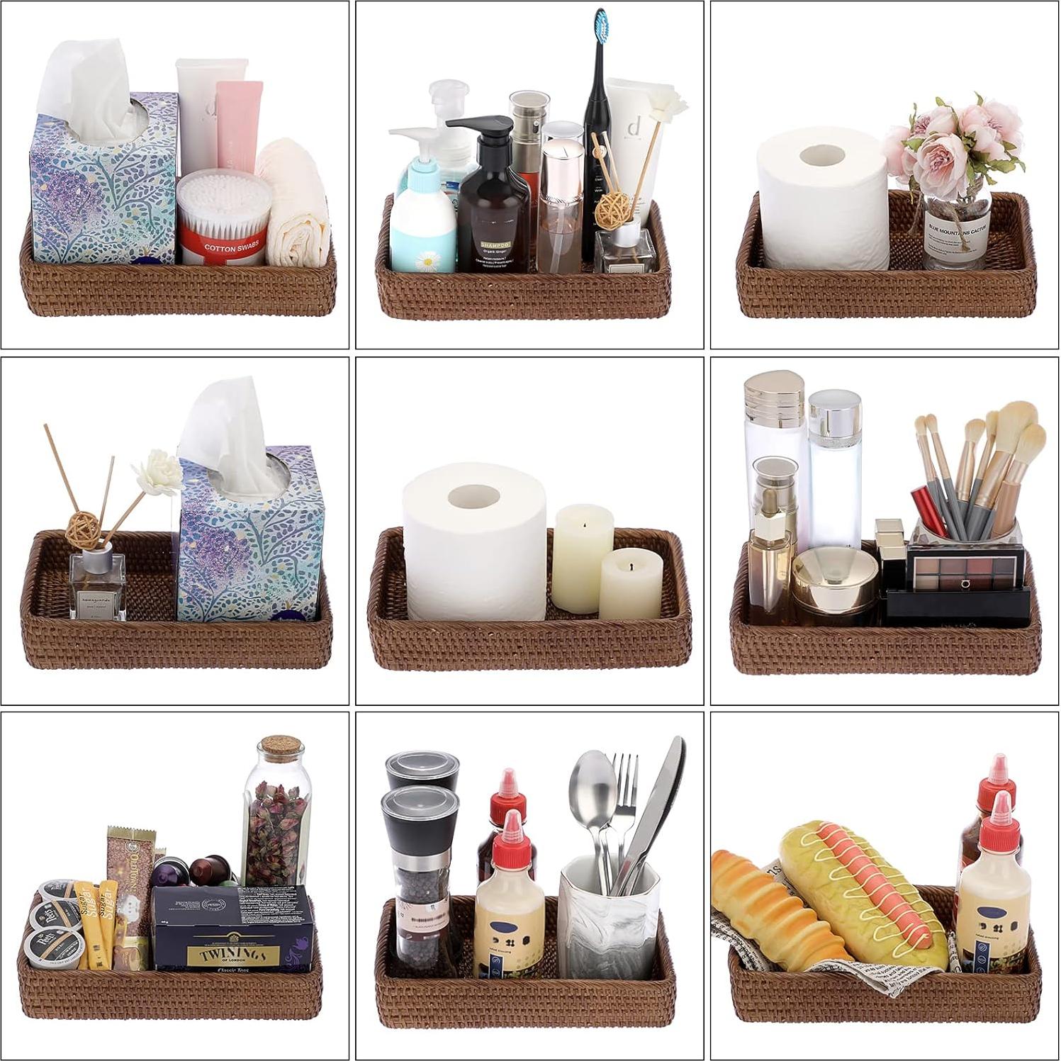 Sumnacon 10 Inch Rattan Bathroom Vanity Tray - Decorative Wicker Toilet Tank Tray for Paper Hand Towel, Vintage Storage Basket Bin for Bathroom Kitchen Toilet Tank Vanity Countertop Table Shelf, Brown