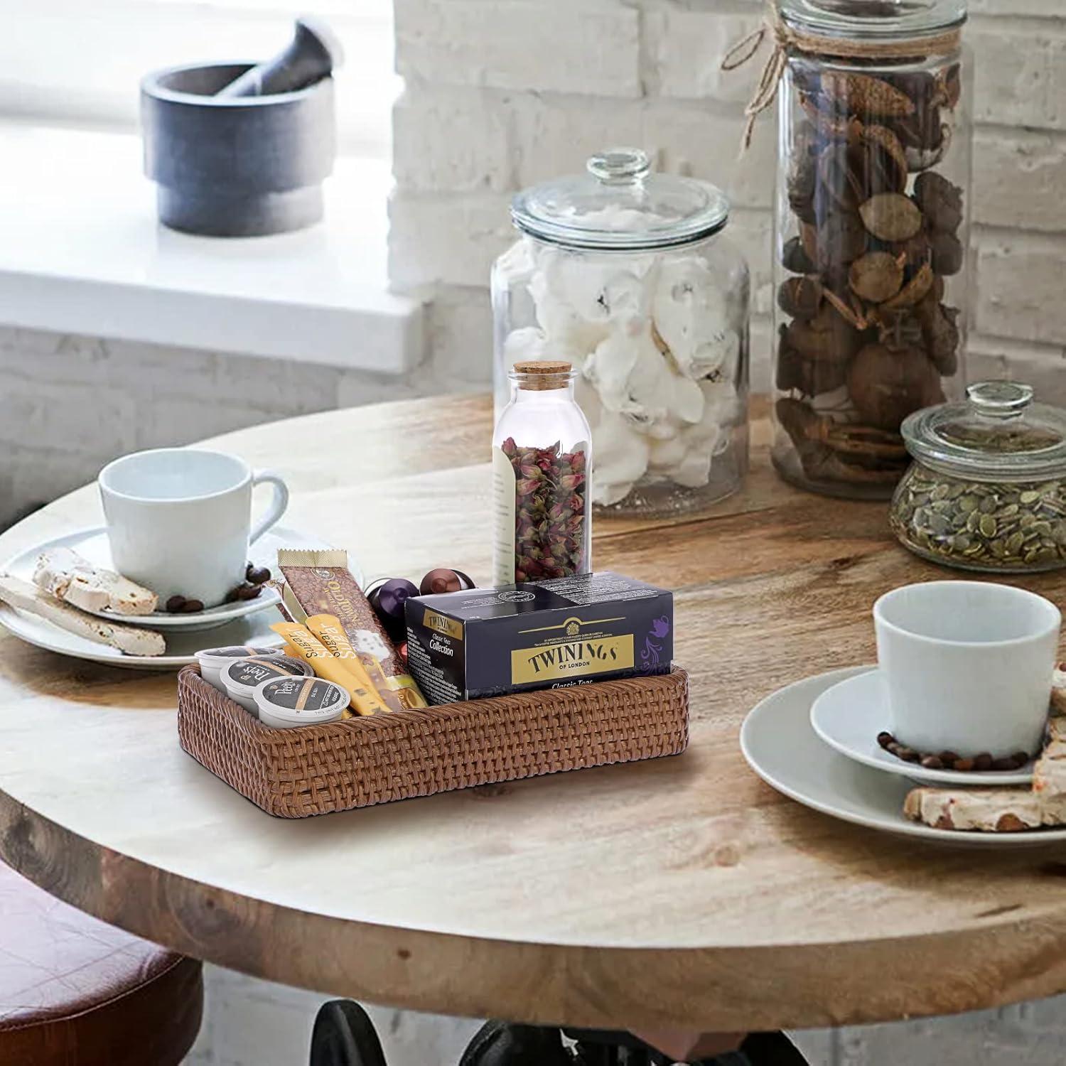 Sumnacon 10 Inch Rattan Bathroom Vanity Tray - Decorative Wicker Toilet Tank Tray for Paper Hand Towel, Vintage Storage Basket Bin for Bathroom Kitchen Toilet Tank Vanity Countertop Table Shelf, Brown