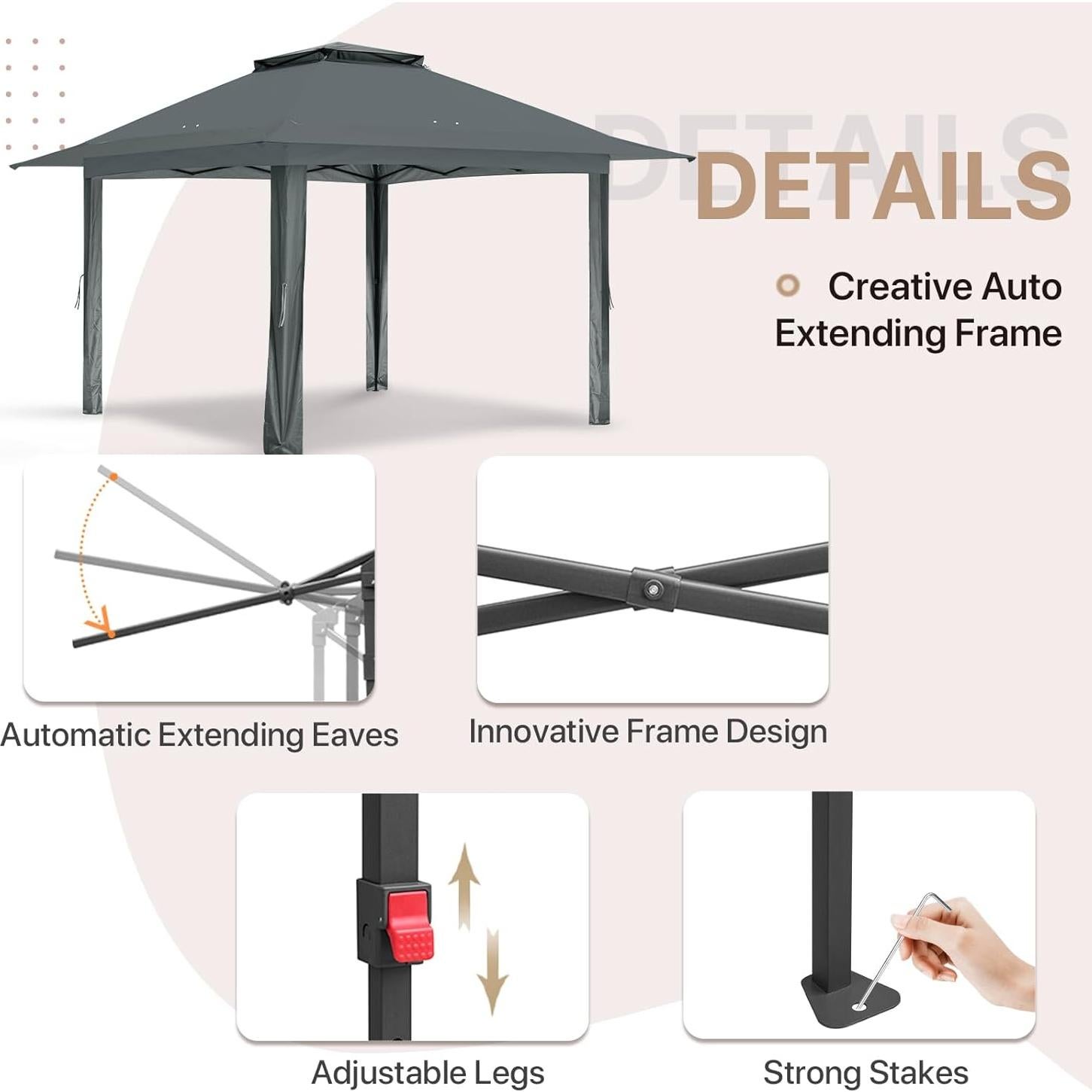 Gazebo Pop Up EAGLE PEAK 3.96x3.96m Gris con Paneles Laterales