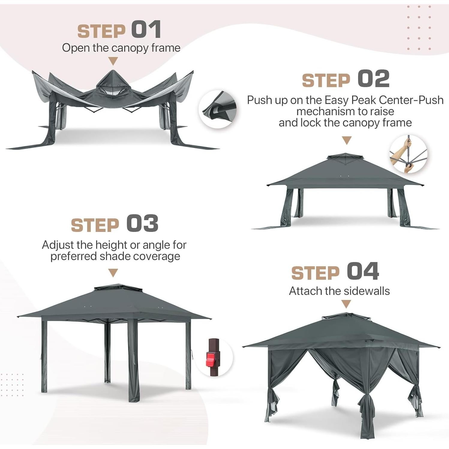 Gazebo Pop Up EAGLE PEAK 3.96x3.96m Gris con Paneles Laterales