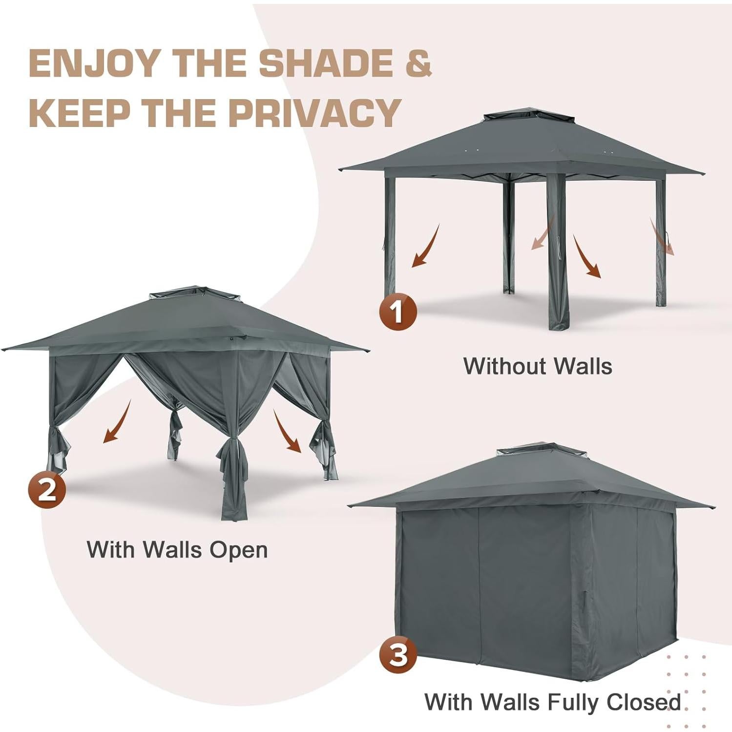 Gazebo Pop Up EAGLE PEAK 3.96x3.96m Gris con Paneles Laterales