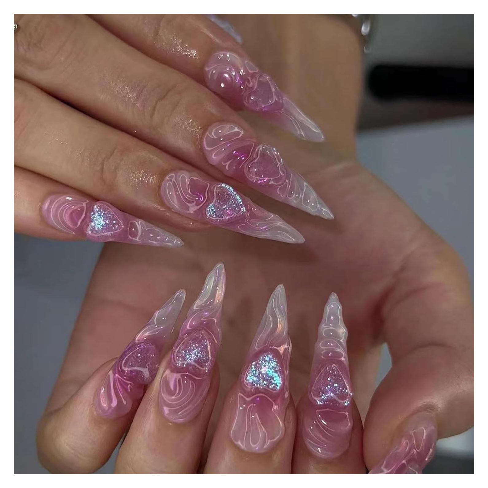 Uñas Postizas Largas Stiletto Rosa 24 Pcs con Diseño 3D