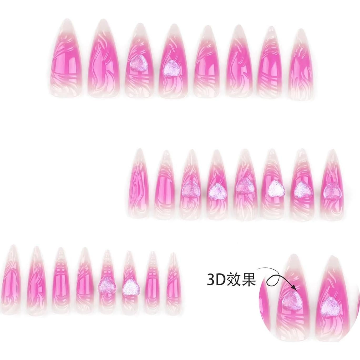 Uñas Postizas Largas Stiletto Rosa 24 Pcs con Diseño 3D
