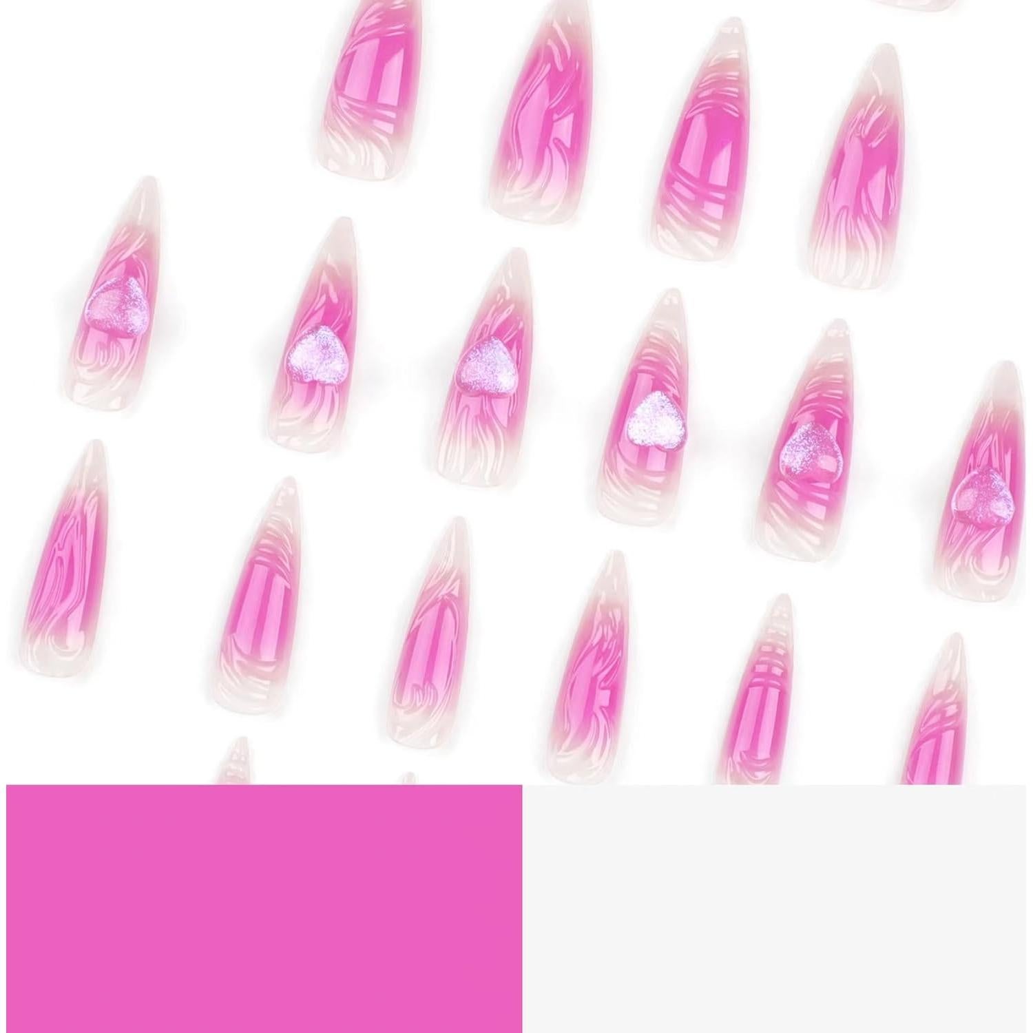Uñas Postizas Largas Stiletto Rosa 24 Pcs con Diseño 3D