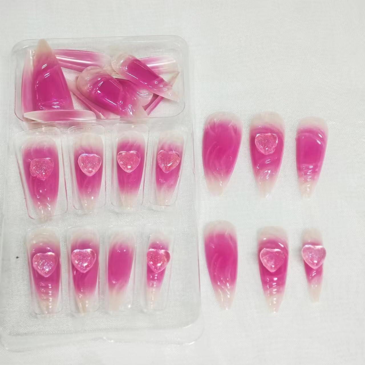 Uñas Postizas Largas Stiletto Rosa 24 Pcs con Diseño 3D