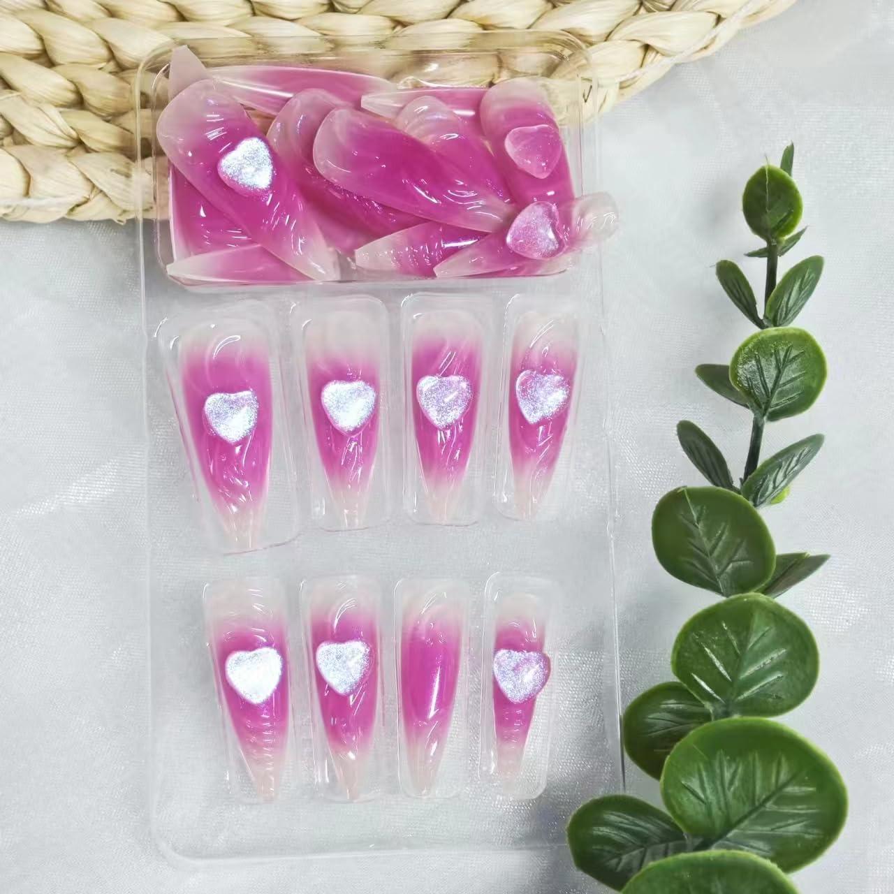 Uñas Postizas Largas Stiletto Rosa 24 Pcs con Diseño 3D