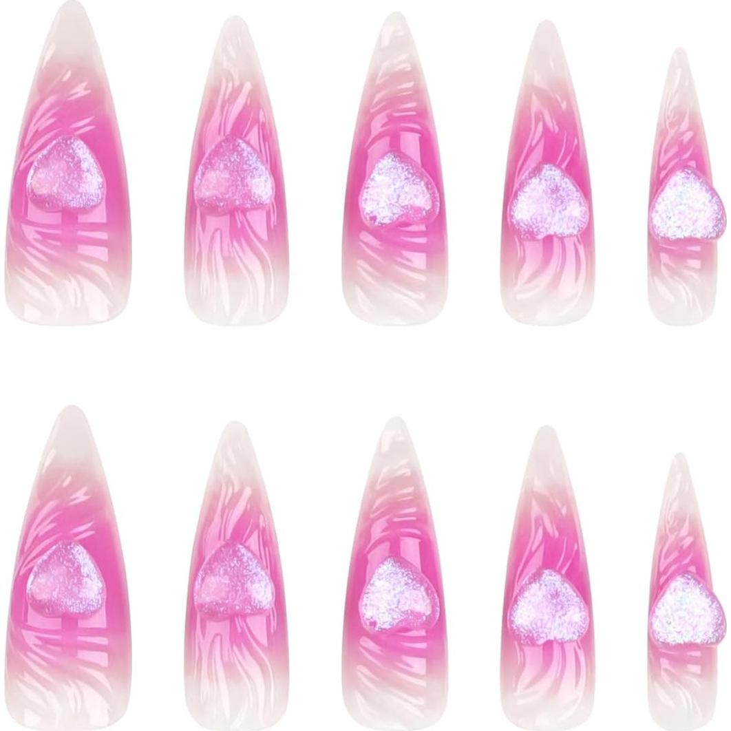 Uñas Postizas Largas Stiletto Rosa 24 Pcs con Diseño 3D
