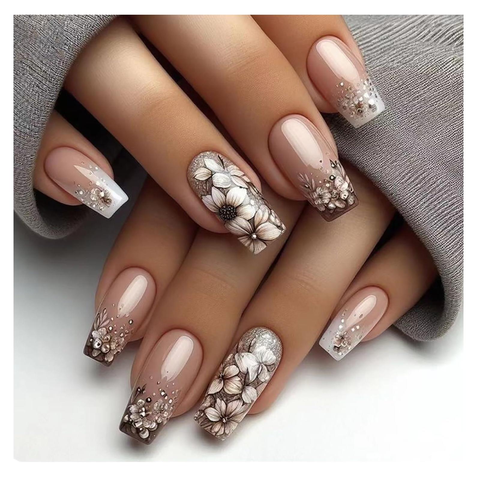 Uñas Postizas KSTBJN Primavera Francesas con Flores 24 Piezas