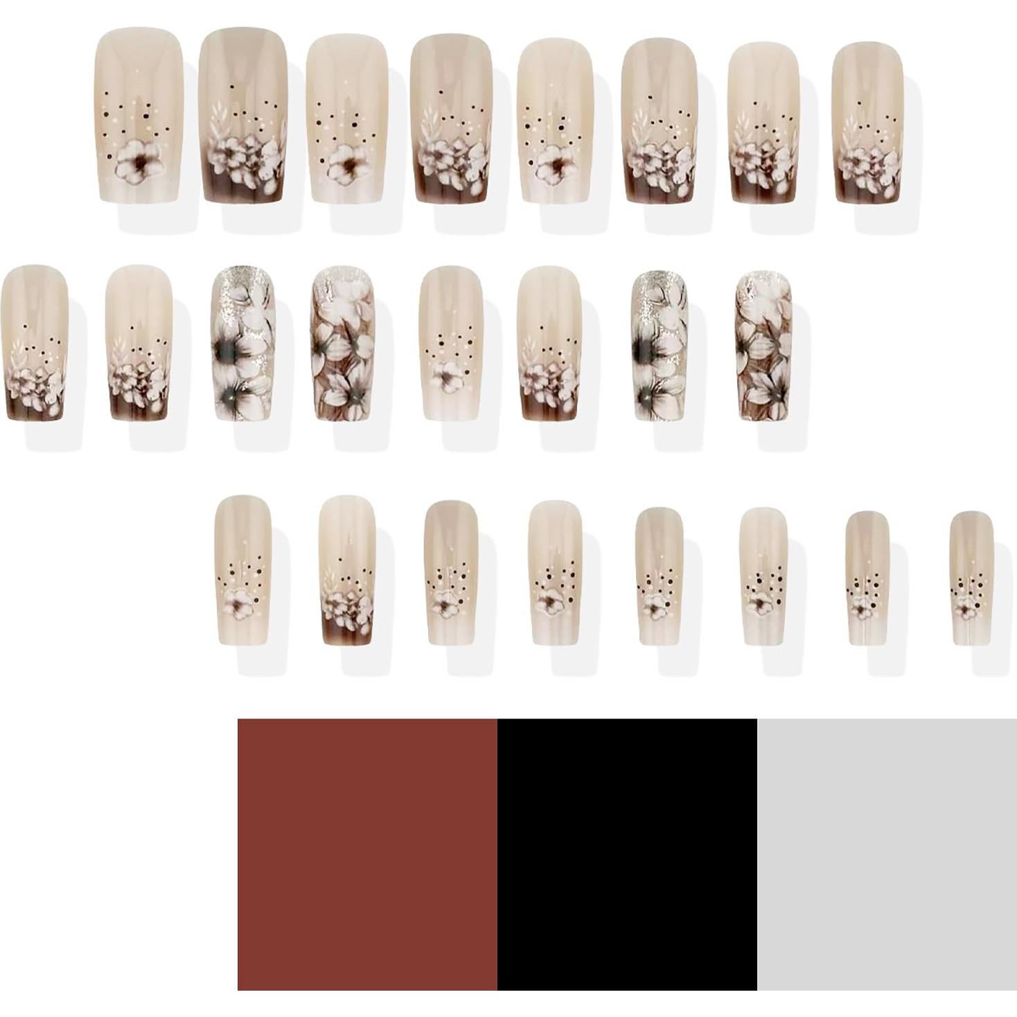 Uñas Postizas KSTBJN Primavera Francesas con Flores 24 Piezas