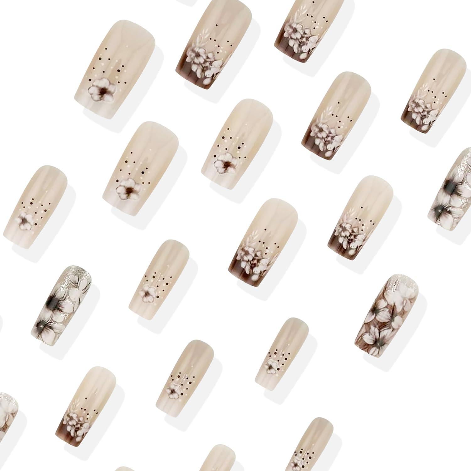 Uñas Postizas KSTBJN Primavera Francesas con Flores 24 Piezas